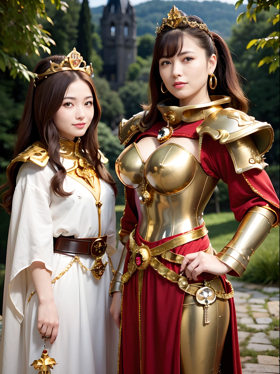 (masutepiece), Professional , ​masterpiece、top-quality、photos realistic , depth of fields （Gemstone Silver Metal Body:1.９),Background inside the castle、(Matte Blue、Jewel Gold Weapon（Jewel Metal Body:1.４),Young 20 year old girl、（Gorgeous metal weapons） , With the Sword of the Brave, Beautiful knife   ,warhammer 40k , adepta sororitas,(Brown hair),Detail and ornate jewel crown、Golden hair、Gangle's forest background、Beautiful Caucasian beauty、１a person、dynamic ungle,((()))、Smaller head、A smile、Powerful poses、Background inside the castle、Thin and beautiful female hands、Old ancient ruins、A smile、cleavage of the breast、（Light effects from weapons）、