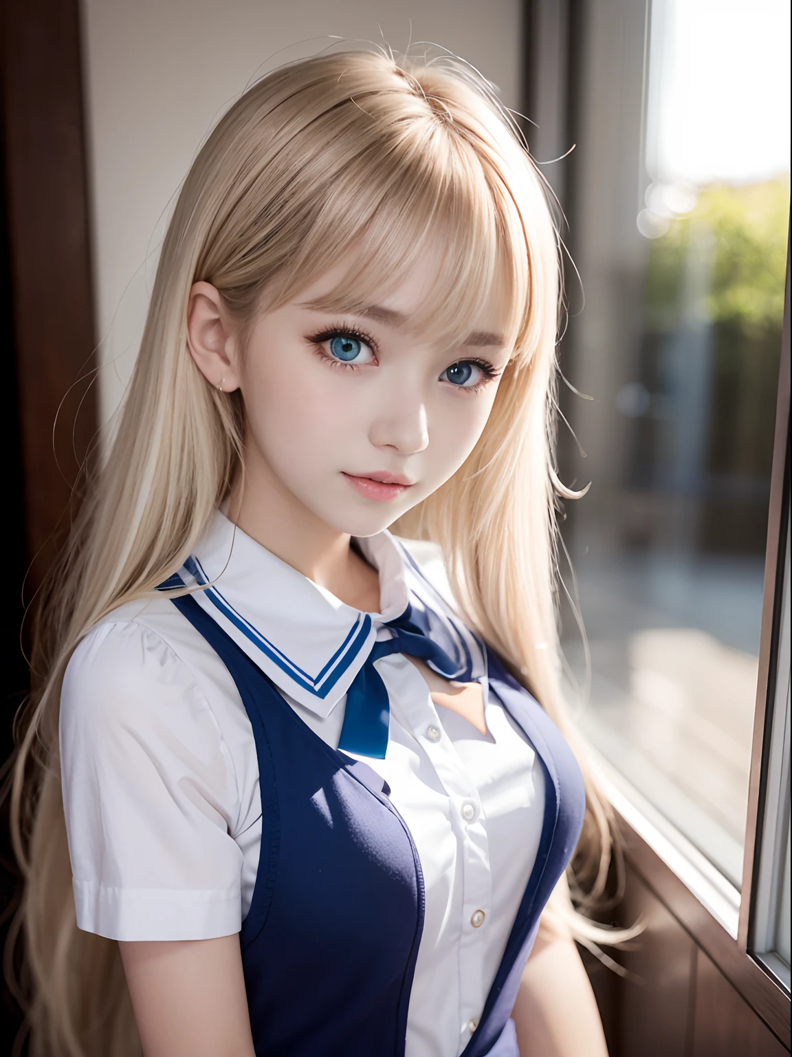 portlate、School Uniforms、bright expression、Young shiny shiny white shiny skin、Best Looks、Blonde reflected light、Platinum blonde hair with dazzling highlights、shiny light hair,、Super long silky straight hair、Beautiful bangs that shine、Glowing crystal clear attractive big blue eyes、Very beautiful nice cute girl、Lush bust、