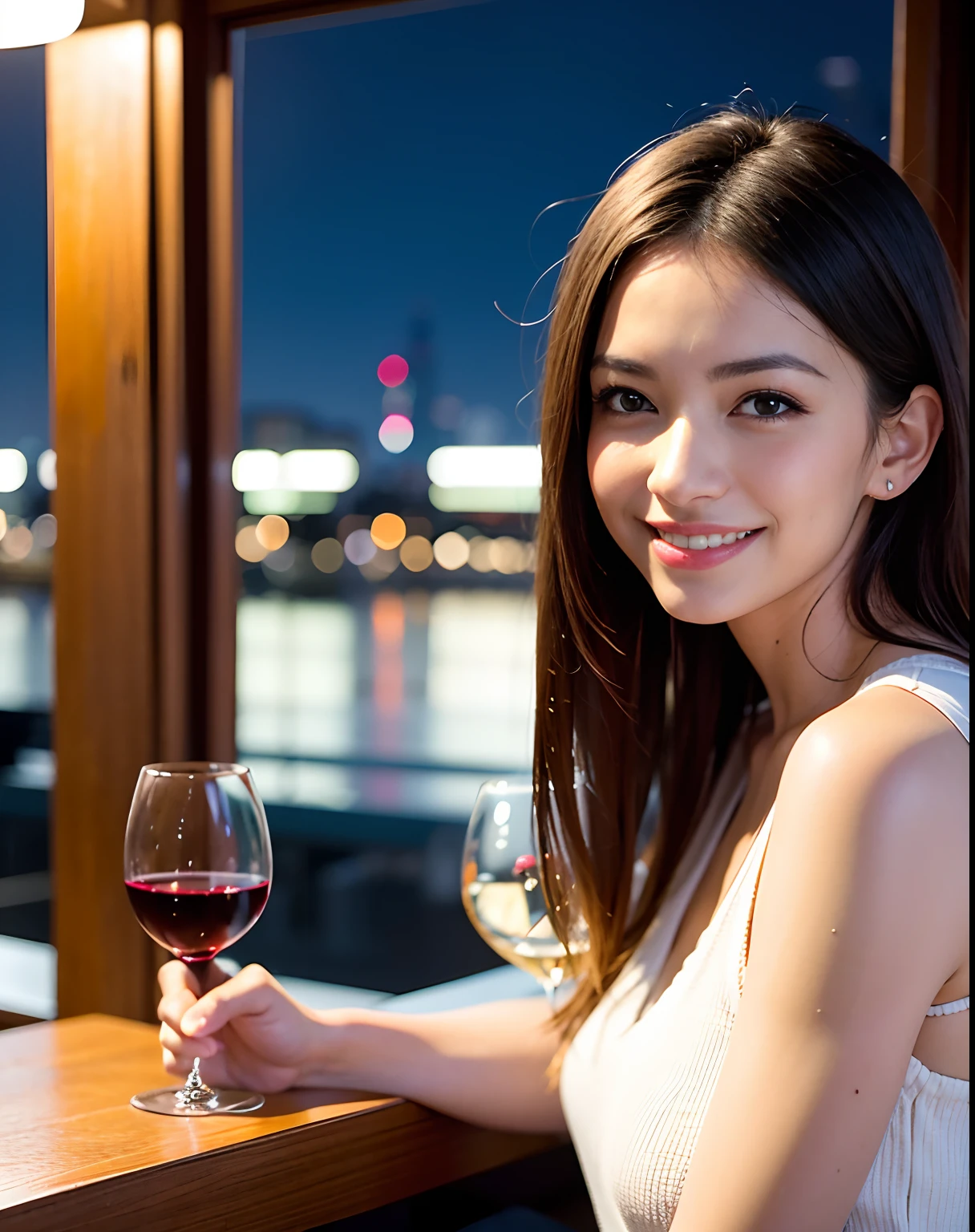 (64K, UHD, top quality, masterpiece: 1.2), (realistic, photorealistic: 1.37), super detailed, pretty woman 1 person, (slim face), (slim body), (brown hair), (short cut), cheeks slightly blushing, (44 years old), 38 years old, solo, beautiful detailed urban night view outside the window, restaurant, wine glasses sit, at night, in a prominent placeNovaFrogStyle, Actress, Model, Waist Up, White Wine, Slim, Wine Glass, Super Clean Night View, Wine Glass Put in the Middle, Happy Smile, (Smile: 1.15), Beautiful Fine Eyes, Upper Body, Bust Japan Up, Night, Short, Short, Actress, Model, Waist Up, White Wine, Slim, Wine Glass, Super Clean Night View, Wine Glass Put in the Middle, Happy Smile,