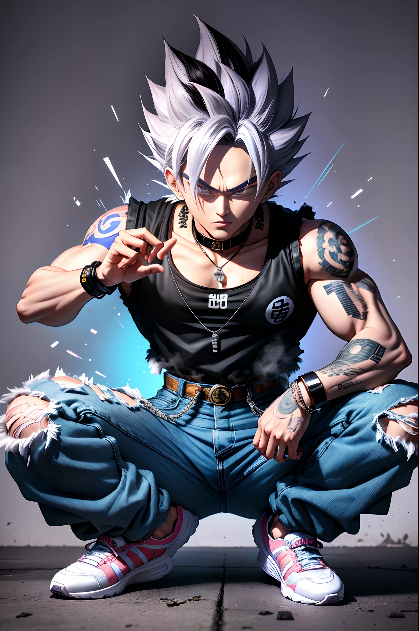 Son Goku in Dragon Ball, greyt hair,Fashion graffiti clothing,Trendy clothing,Tide brand,black black jacket,vests,denim pant,Lunette de soleil,Bracelet,ear studs,decorations,athletic sneakers,Tattooed with,choker necklace,Ultra high quality,Best quality,tmasterpiece,超高分辨率,Super Saiyan with a white glow,quadratic element,鸟山明风格,1990's ,Cartoony,
