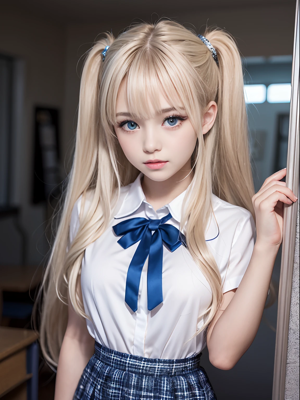 portlate、School Uniforms、bright expression、poneyTail、Young shiny shiny white shiny skin、Best Looks、Blonde reflected light、Platinum blonde hair with dazzling highlights、shiny light hair,、Super long silky straight hair、Beautiful bangs that shine、Glowing crystal clear attractive big blue eyes、Very beautiful nice cute  girl、Lush bust