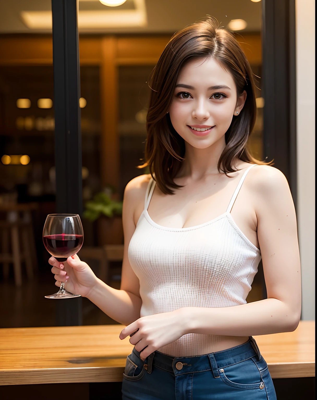 (64K, UHD, top quality, masterpiece: 1.2), (realistic, photorealistic: 1.37), super detailed, pretty woman 1 person, (slim face), (slim body), (brown hair), (short cut), cheeks slightly blushing, (44 years old), 38 years old, solo, beautiful detailed urban night view outside the window, restaurant, wine glasses sit, at night, in a prominent placeNovaFrogStyle, Actress, Model, Waist Up, White Wine, Slim, Wine Glass, Super Clean Night View, Wine Glass Put in the Middle, Happy Smile, (Smile: 1.15), Beautiful Fine Eyes, Upper Body, Bust Japan Up, Night, Short, Short, Actress, Model, Waist Up, White Wine, Slim, Wine Glass, Super Clean Night View, Wine Glass Put in the Middle, Happy Smile,