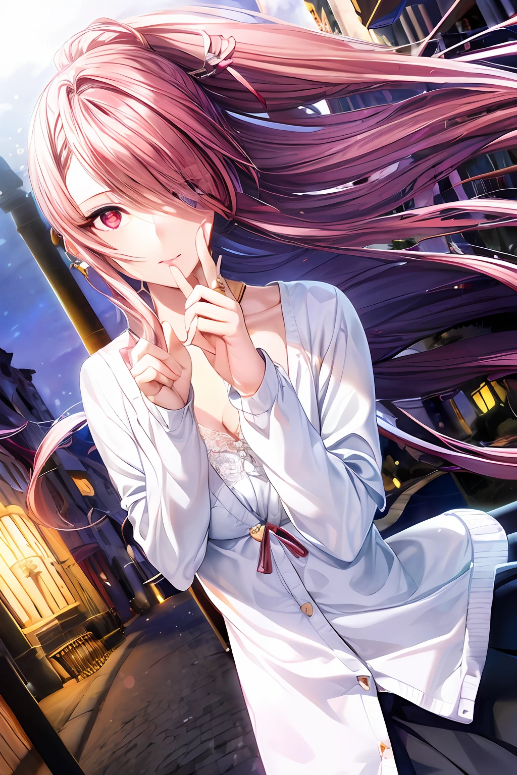 masterpiece, best quality, masterpiece, game cg,best shadow,lighting,dynamic angle,beautiful night view,building street,1girl,lady,ultra realistic 8k CG,the skirt flutters, realistic, best quality,ultra-detailed,best illustration,an extremely delicate and beautiful,glowing earrings,beautiful red eyes,eyelashes,eround eyes,ewelry eyes,twinkle eyes,glowing eyes,sparkling eyes,finely detail,beautiful detailed girl,((wind)),((floating hair)),slender face,lipstick,clavicle,big breasts,barrette,(absurdly long hair),delicate beautiful face,half updo / updo,light pink gradient hair,shiny hair,shiny skin,red skin,(((hair in one eye))),cardigan,white blouse,((light red colored inner hair)),be impressed,gentle expression,wink,index finger raised,