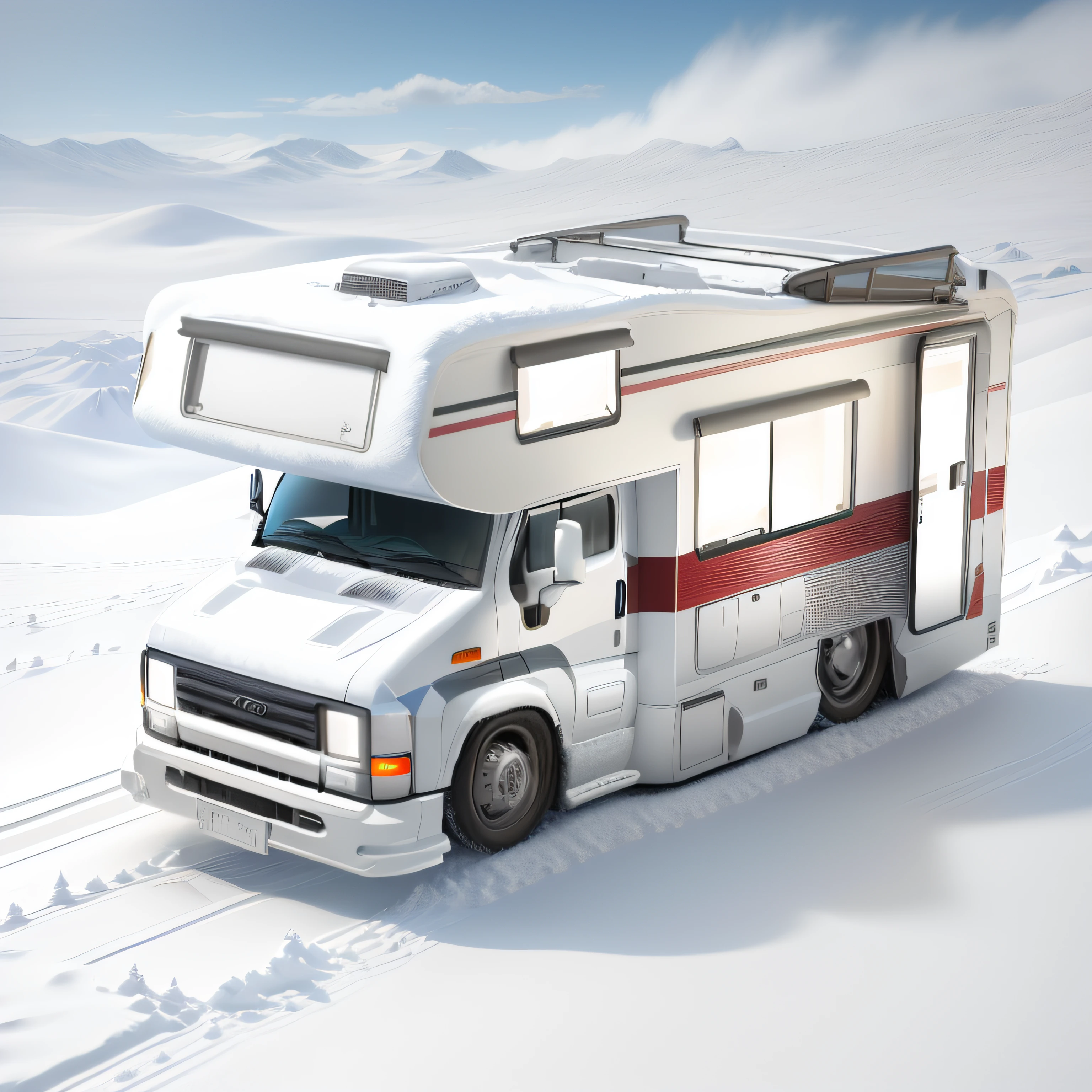 There was a white motorhome parked on the surface of the snow, vehicle illustration, Realisticstyle