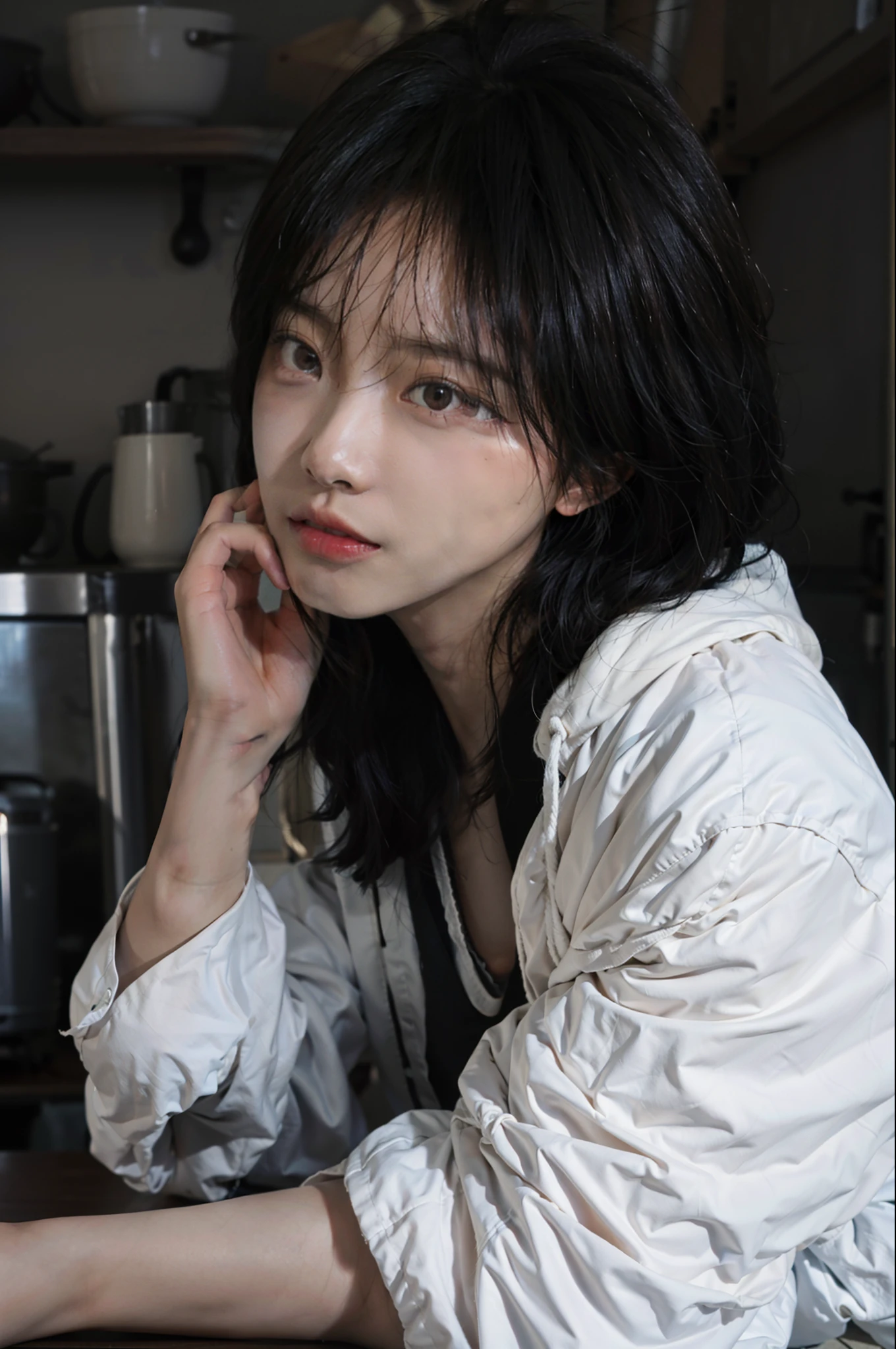 8K,best qualtiy,tmasterpiece,超高分辨率,(真实感:1.6),RAW photogr,(True skin texture:1.3),(filmgrain:1.3),(Elevation angle),1个Giant Breast Girl,Beautiful eye and face details,tmasterpiece,Best quality at best,closeup cleavage,raincoat,In a kitchen,