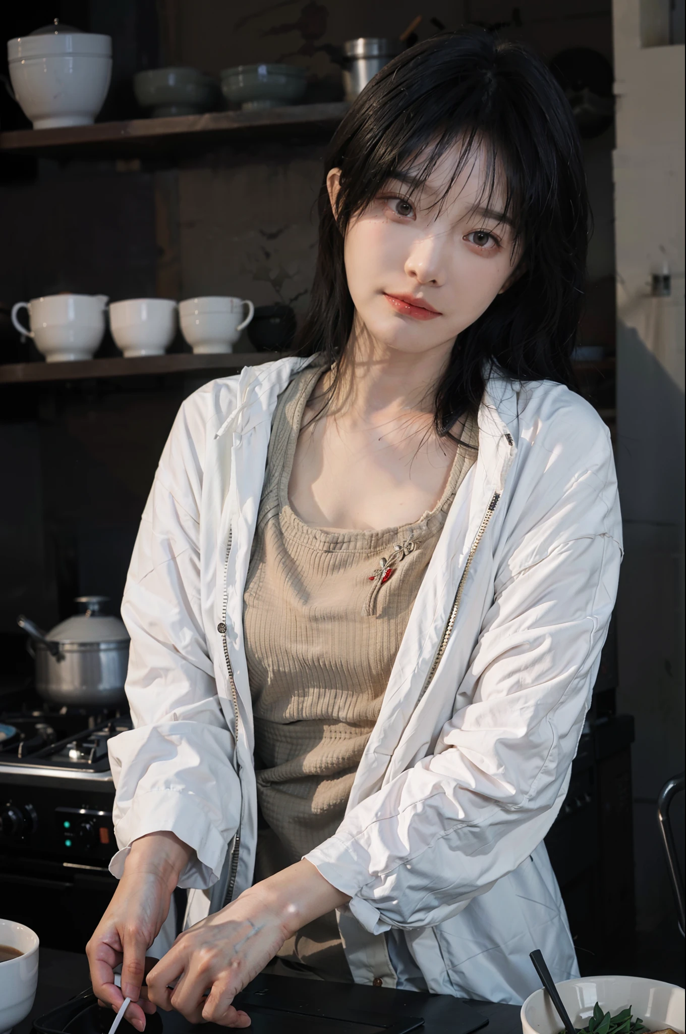 8K,best qualtiy,tmasterpiece,超高分辨率,(真实感:1.6),RAW photogr,(True skin texture:1.3),(filmgrain:1.3),(Elevation angle),1个Giant Breast Girl,Beautiful eye and face details,tmasterpiece,Best quality at best,closeup cleavage,raincoat,In a kitchen,