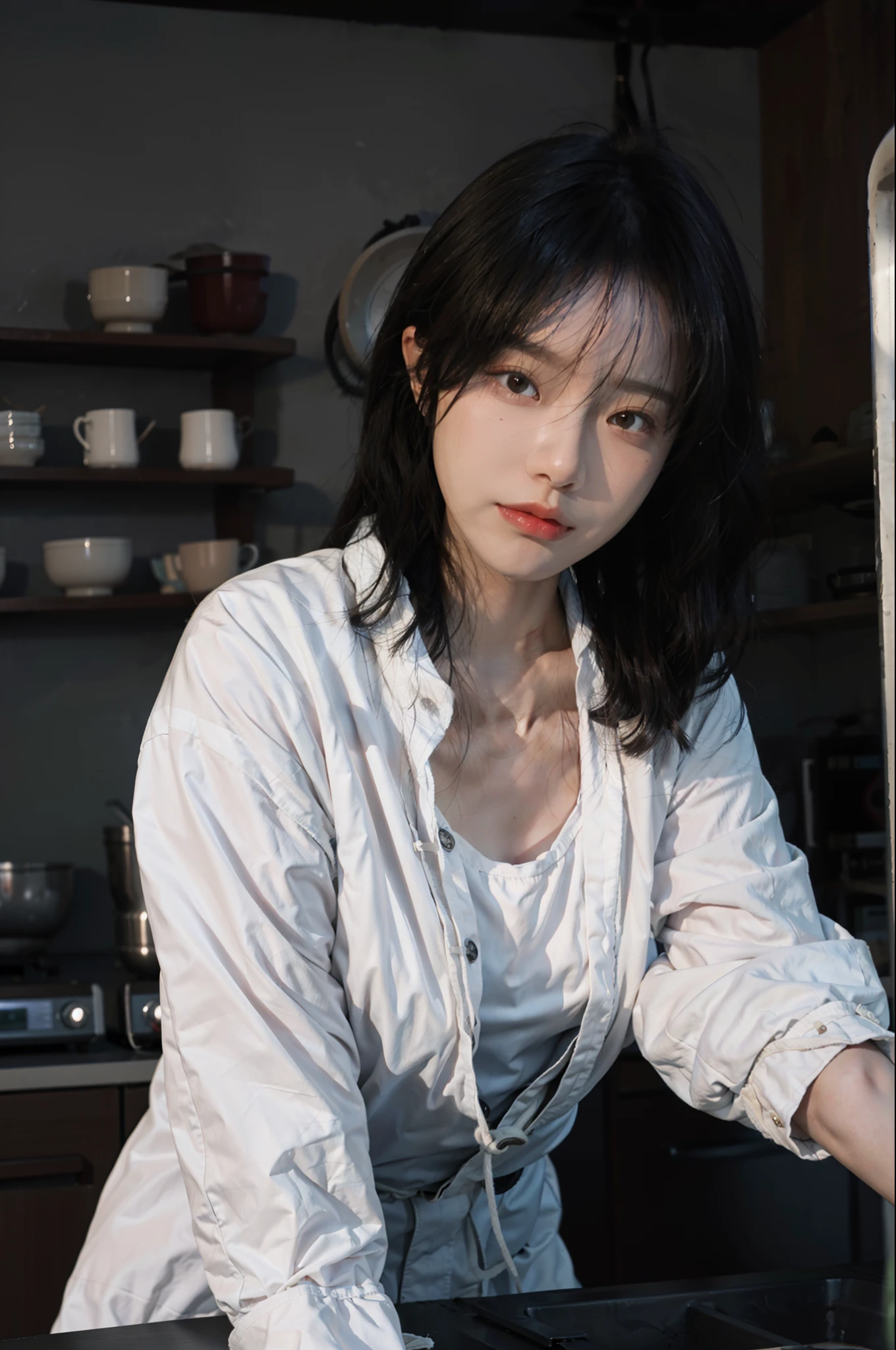 8K,best qualtiy,tmasterpiece,超高分辨率,(真实感:1.6),RAW photogr,(True skin texture:1.3),(filmgrain:1.3),(Side shooting angle),1个Giant Breast Girl,Beautiful eye and face details,tmasterpiece,Best quality at best,closeup cleavage,raincoat,in a kitchen,