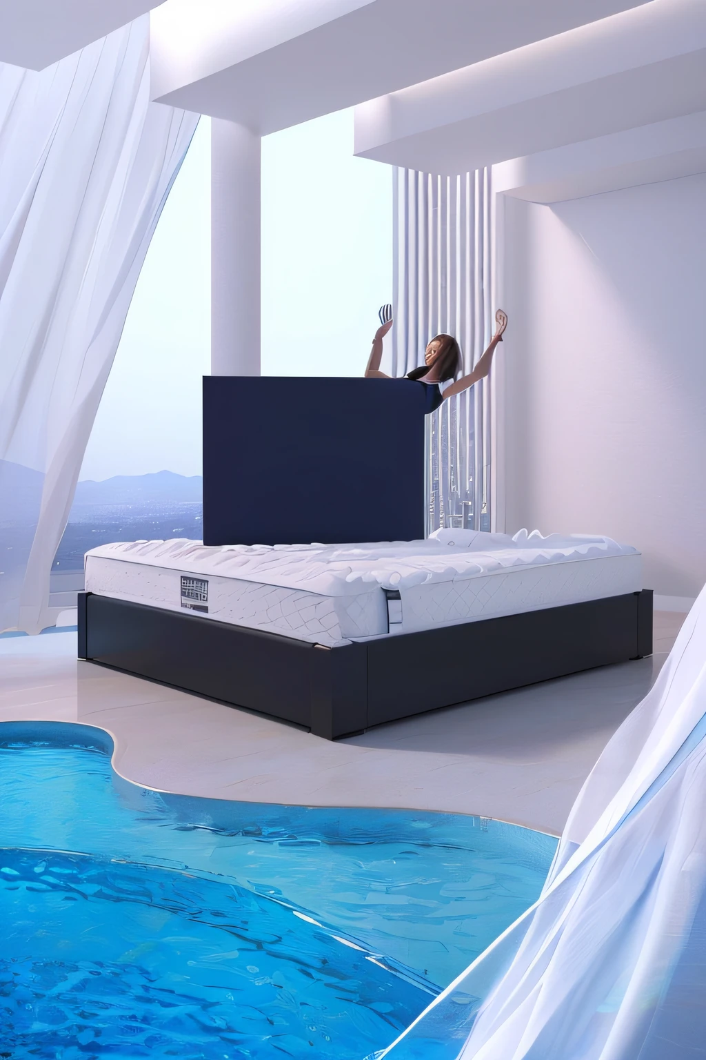 There was a woman floating on the bed, advertising photograph, comfortable, Comfort, advertisement picture, rendering, 3 d product render, Bed, ، simple, promo image, sleek cool waterproof design, goodnight, Premium quality, sleep, promotional render, un made bed, dreampool rooms, Smooth surface, Product rendering, 2D, 2 d
