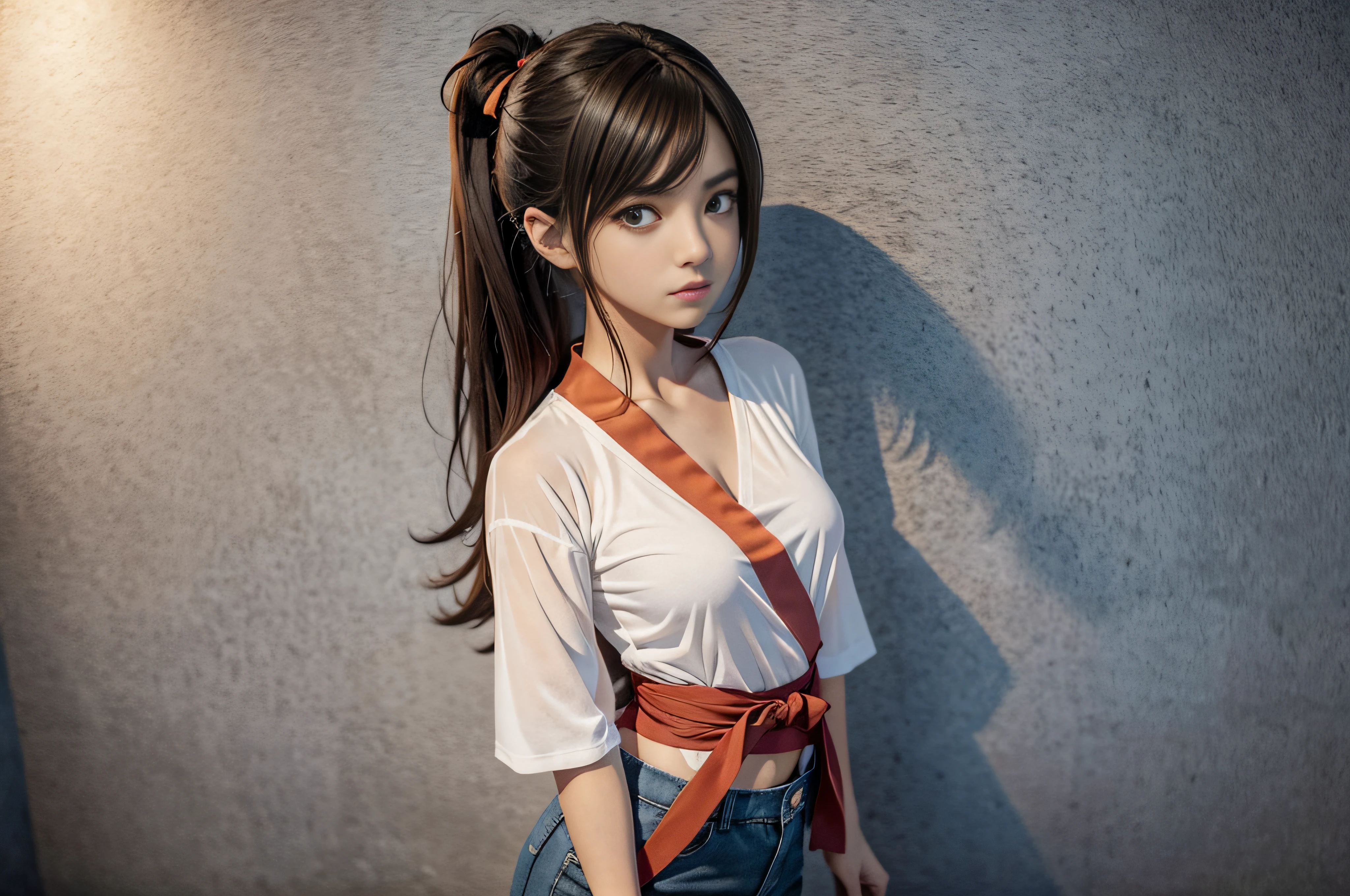 anime, solo 1 mujer,  hiper detalles, todo el cuerpo espalda vista lejana, Sohara 3D Render Mitsuki is a 20-year-old anime woman with brown hair tied back with a red ribbon. Sus ojos son del mismo color que su cabello, (Ella lleva una camiseta blanca ajustada de micro tubo desabrochada), desvestida si acaso (mini tanga medio puesta),  mini Lycra azul claro ajustado, Sus medidas son: Altura: 158 cm, Peso: 49 kg 92 59 90. Dynamic back posture, cara coqueta, arte, Japanese-style wall background ,,Megumin, kono subarashii sekai ni shukufuku wo!,pandballgt, 1girl, ojos negros, cabello negro, pelo corto, orange neckerchief, pants, Guantes sin dedos, Camisa roja, Recortar arriba, girl woman