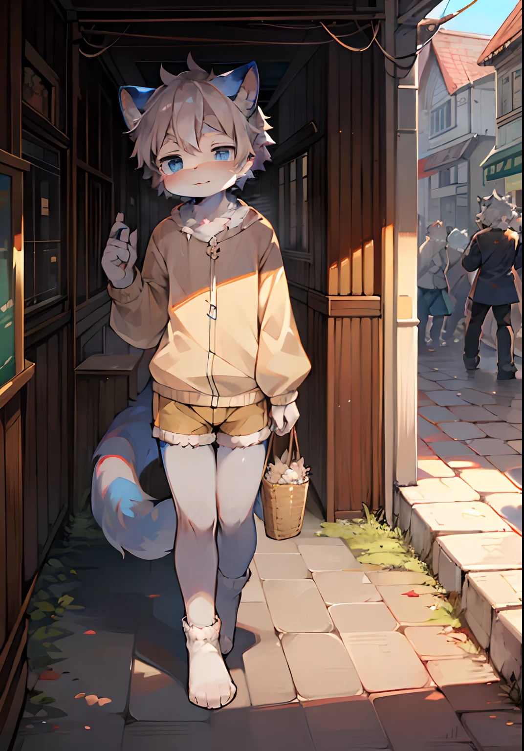Masterpiece,High quality,abstract res,Digital painting\(artwork of a\), by Dagasi, Yupa,Kiyosan,(anthro,Fluffy fur,Character focus:1.1),anthro male cat,Short hair,Portrait , eyes with brightness, in a panoramic view, Character focus.(detailedbackground:0.7), 独奏, shaggy, shaggy male, malefocus, anthr,(Full Body Furry, Fluffy tail, White fur, Ice blue eyes, Gray hair:1.2), (felid、Closed-toe socks:1.2),(External、In the daytime、crowding street:1.1)
