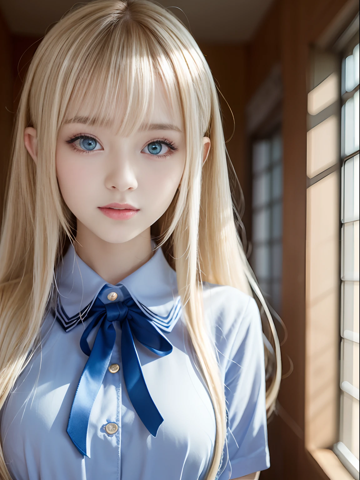 portlate、School Uniforms、bright expression、poneyTail、Young shiny shiny white shiny skin、Best Looks、Blonde reflected light、Platinum blonde hair with dazzling highlights、shiny light hair,、Super long silky straight hair、Beautiful bangs that shine、Glowing crystal clear attractive big blue eyes、Very beautiful nice cute  girl、Lush bust