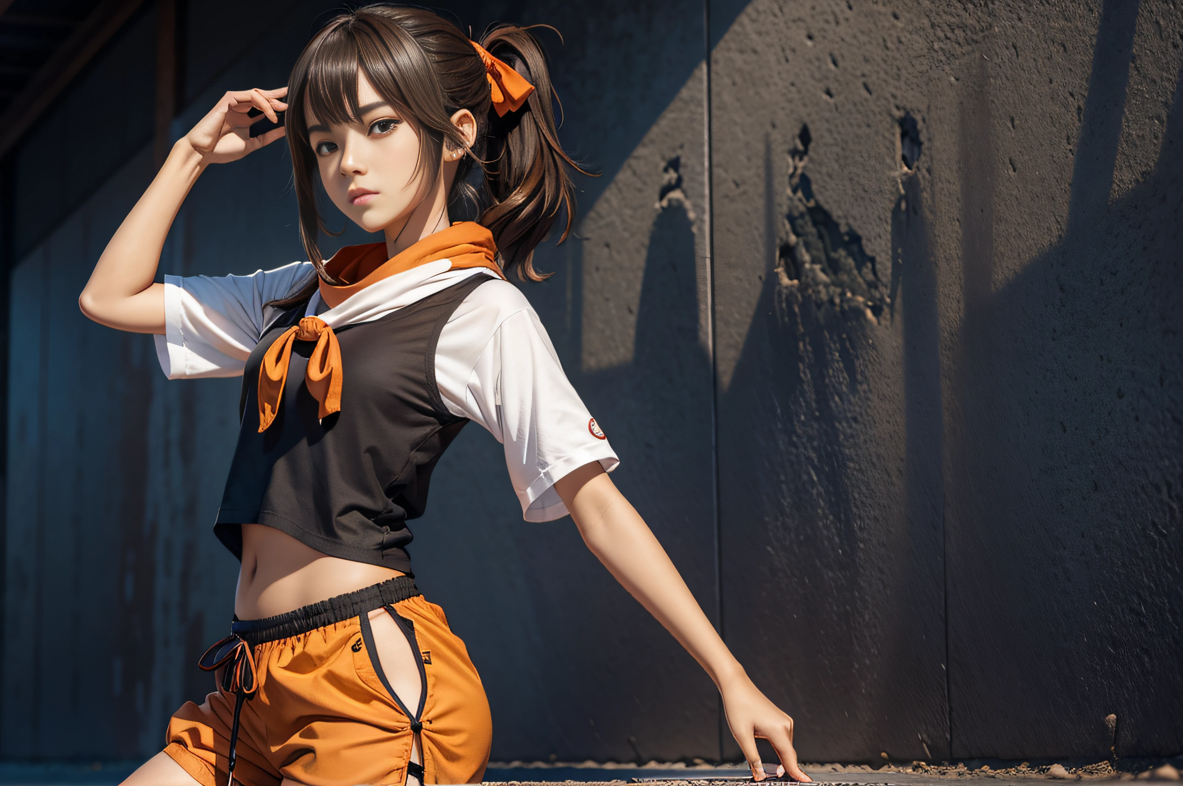 anime, solo 1 mujer, hiper detalles, todo el cuerpo espalda vista lejana, Sohara 3D Render Mitsuki is a 20-year-old anime woman with brown hair tied back with a red ribbon. Sus ojos son del mismo color que su cabello, (Ella lleva una camiseta blanca ajustada de micro tubo desabrochada), desvestida si acaso (mini tanga medio puesta), mini Lycra azul claro ajustado, Sus medidas son: Altura: 158 cm, Peso: 49 kg 92 59 90. Dynamic back posture, cara coqueta, arte, Japanese-style wall background ,,Megumin, kono subarashii sekai ni shukufuku wo!,pandballgt, 1girl, ojos negros, cabello negro, pelo corto, orange neckerchief, pants, Guantes sin dedos, Camisa roja, Recortar arriba, girl woman