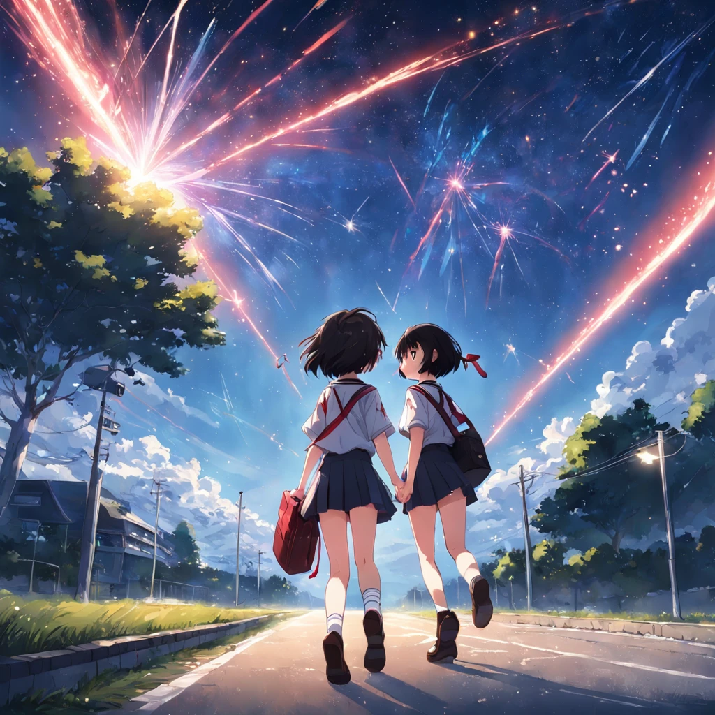 masterpiece,best quality,miyamizu mitsuha, 1girl, 1boy, sky, school uniform, outdoors, ribbon, cloud, skirt, diffraction spikes, hair ribbon, grass, black hair, road, bag, socks, short hair, short sleeves, shirt, red ribbon, white shirt, star (sky), necktie, tree, scenery, building, shoes, black skirt, standing, from behind, kneehighs, pleated skirt, brown hair, ground vehicle, pants, shooting star, school bag