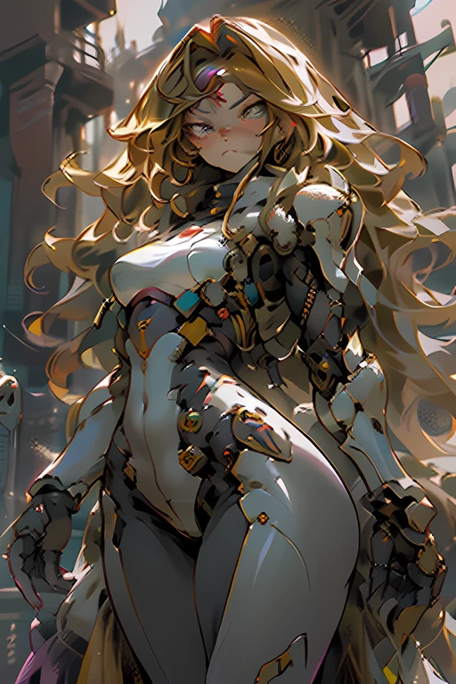Masterpiece, Beautiful, 4K, Best quality, Beautiful face, floating golden hair, Long hair, sci - fi armor, Medieval armor, skin tight, Thick thighs, medium perky breasts, Serious face, expressiveless, Without expression