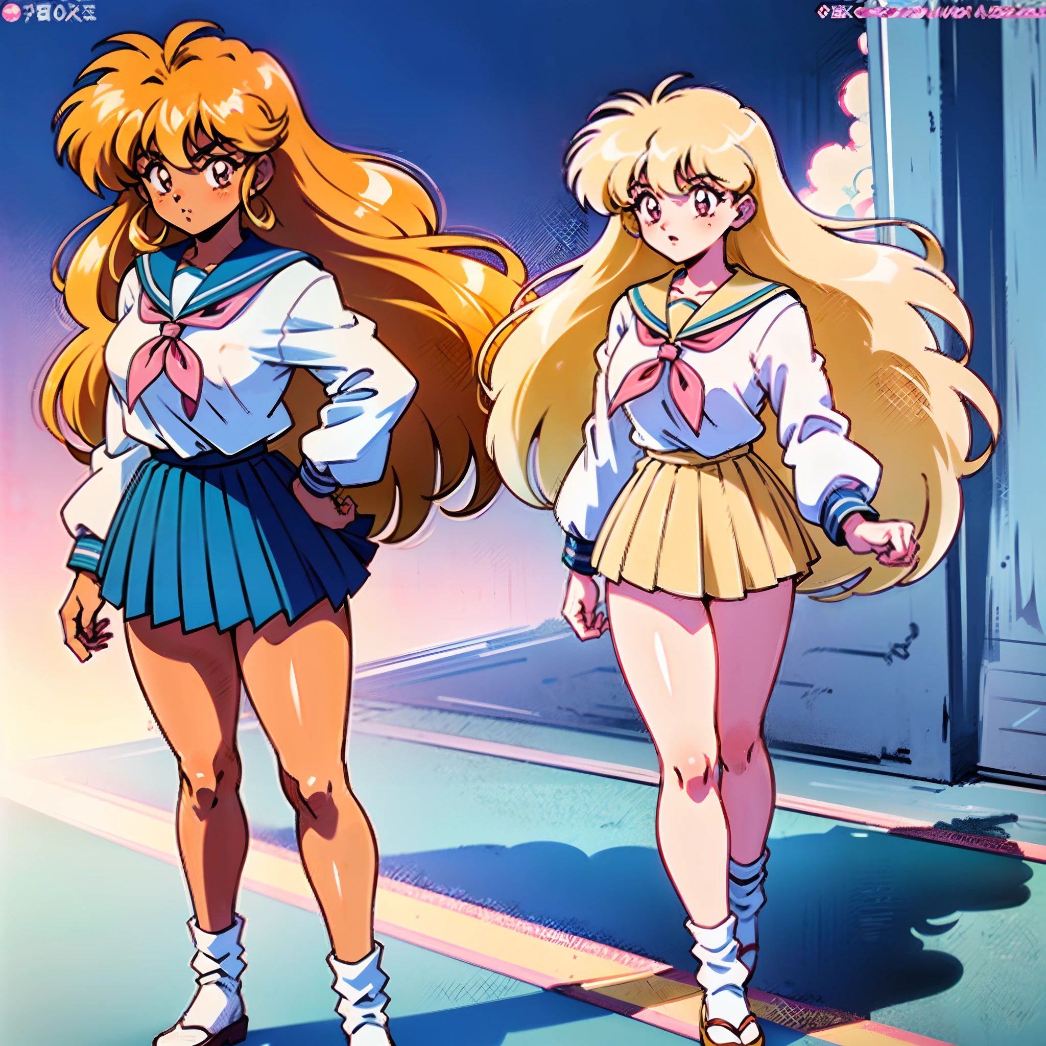 muted pastel colors, retro anime, 1990s anime, 1980s anime, brush strokes, 

1girl, female, gyaru, tanned skin, extremely curly blond hair, lots of flowing blonde curly hair, bleached hair, unique pink and beige Japanese school uniform, thick layered winter socks, perfect build, swagger walk, dark skin