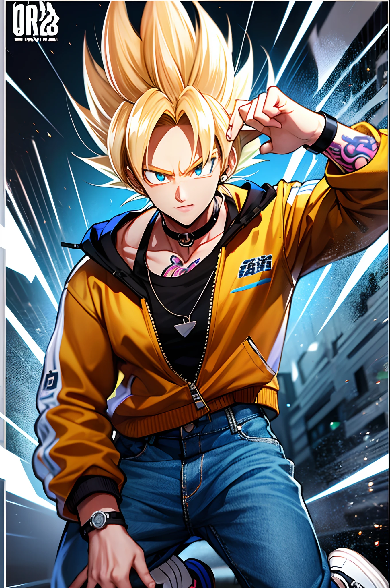 Son Goku in Dragon Ball, greyt hair,Fashion graffiti clothing,Trendy clothing,Tide brand,black black jacket,vests,denim pant,Lunette de soleil,Bracelet,ear studs,decorations,athletic sneakers,Tattooed with,choker necklace,Ultra high quality,Best quality,tmasterpiece,超高分辨率,Super Saiyan with a white glow,quadratic element,鸟山明风格,1990's ,Cartoony,