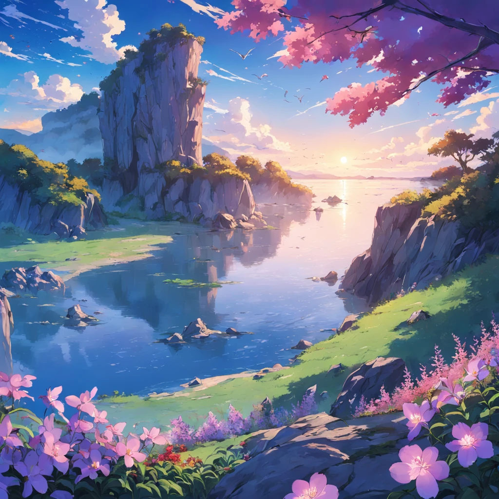 masterpiece, best quality, bird, flower, cloud, sky, scenery, day, leaf, outdoors, no humans, blue sky, No people, scenery, landscape, nature, rock, trees, fog, rock lake, blue sky, grass, flowers, open view, lively, beautiful, Waterfalls, streams, lakes, forests, landscapes, beautiful purple sunset at beach