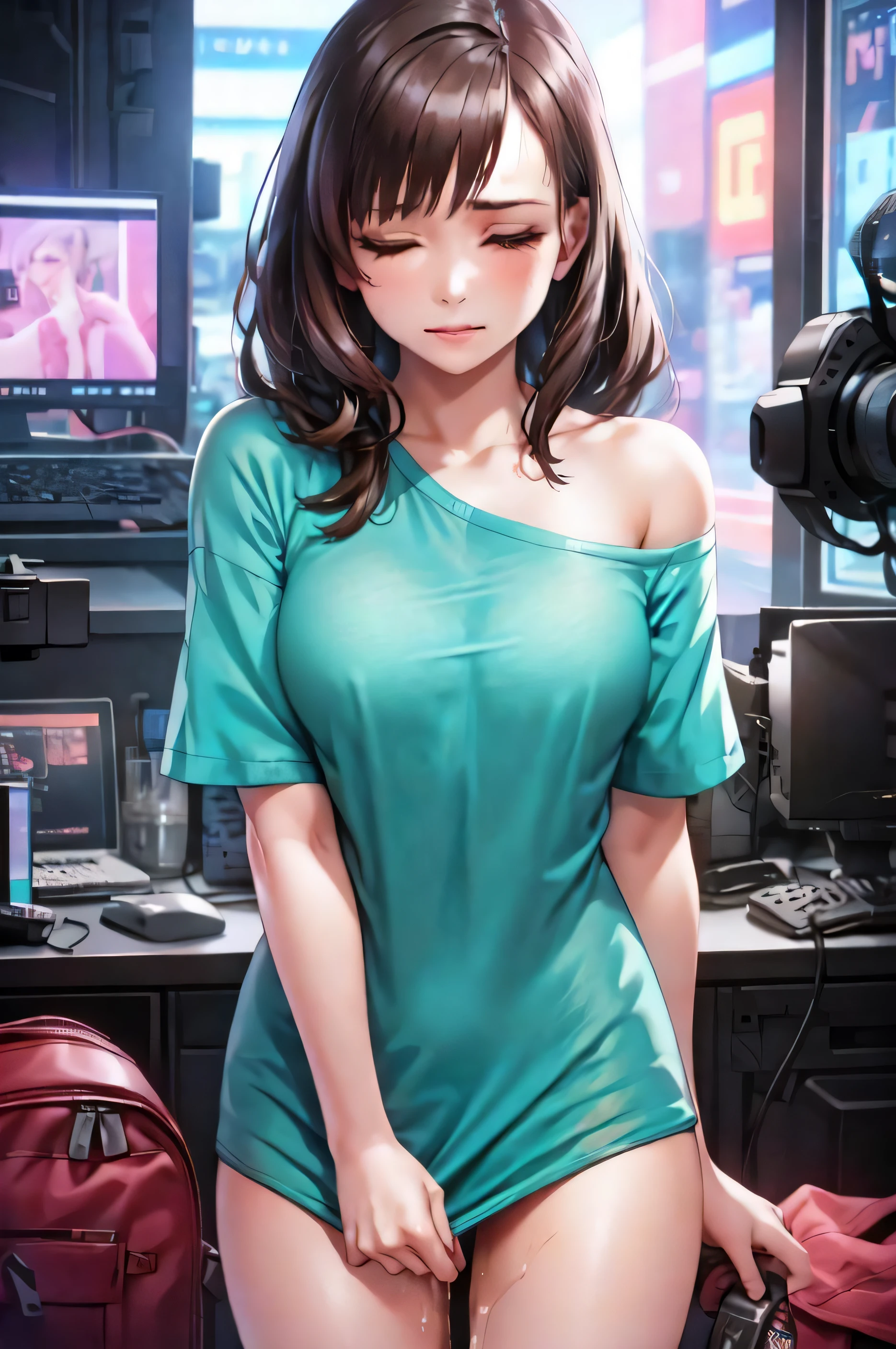 photorealistic, (hyperrealistic:1.2),
1girl, (after sex:1.2), (crying:0.7), eyes closed,
cyberpunk, naked shirt, shirt tug, shirt, off shoulder,
brunette hair,
torino aqua,