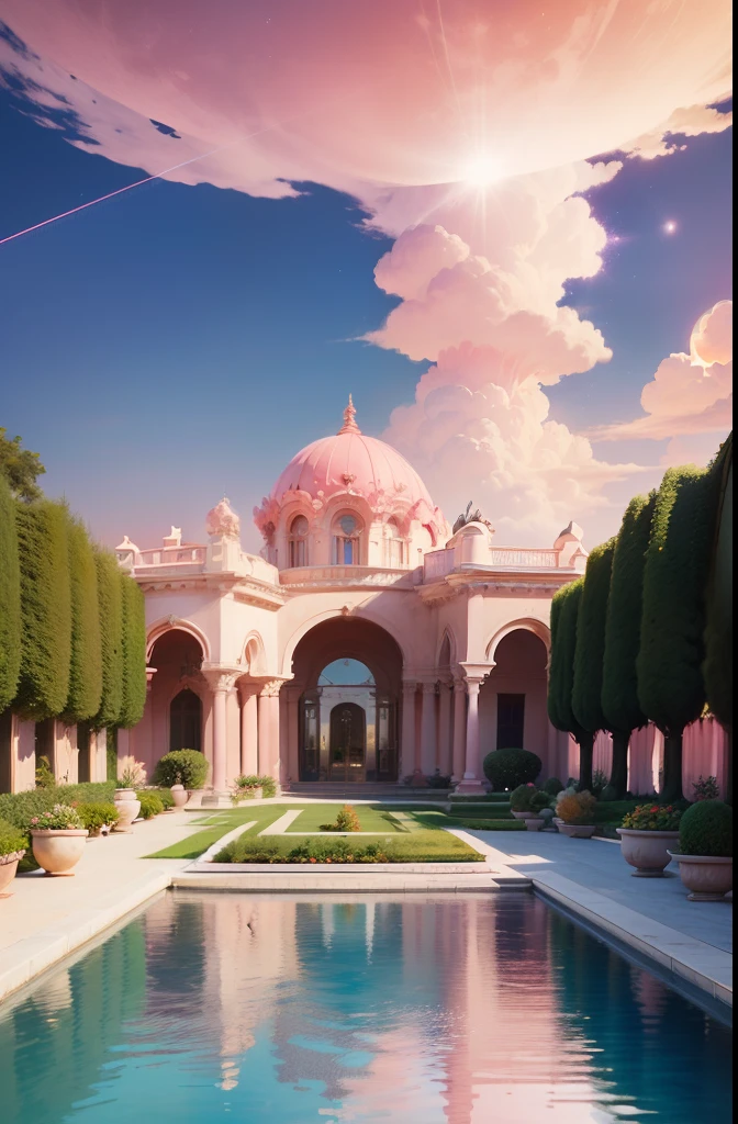 Pink moon，Pink sky，Soft pink cloud，Pink waves sparkling，Sparkling pink sea，Pink roses stretch over pink clouds，fanciful，diamond，tiara crown，kosmos，Soft lighting，European-style garden palace and pool on a pink cloud，Escultura，Roman style [Optimized Prompt]