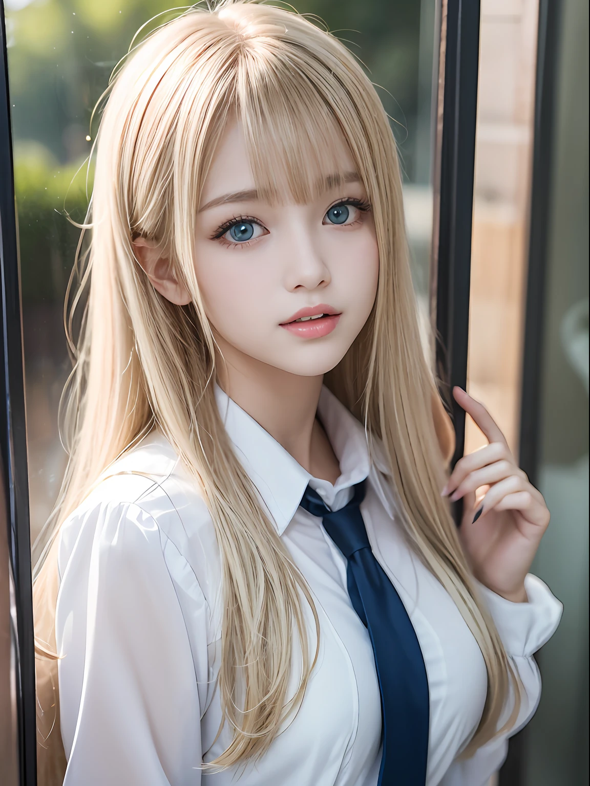 portlate、School Uniforms、bright expression、Young shiny shiny white shiny skin、Best Looks、Blonde reflected light、Platinum blonde hair with dazzling highlights、shiny light hair,、Super long silky straight hair、Beautiful bangs that shine、Glowing crystal clear attractive big blue eyes、Very beautiful nice cute 16 year old girl、Lush bust、