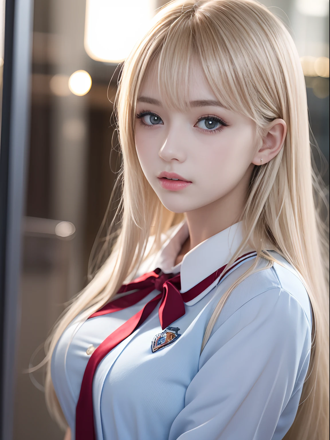 portlate、School Uniforms、bright expression、Young shiny shiny white shiny skin、Best Looks、Blonde reflected light、Platinum blonde hair with dazzling highlights、shiny light hair,、Super long silky straight hair、Beautiful bangs that shine、Glowing crystal clear attractive big blue eyes、Very beautiful nice cute girl、Lush bust、