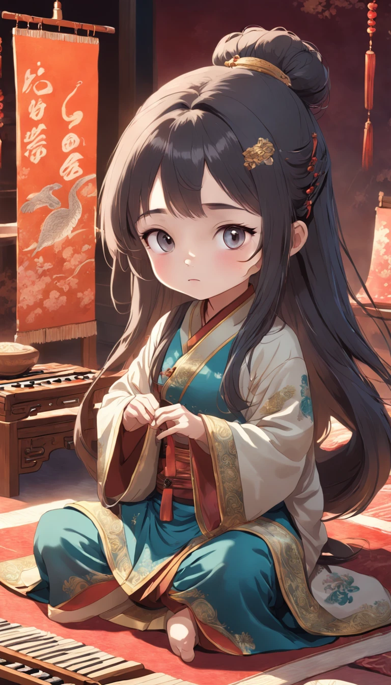 full body, very young girl sitting on carpet playing guzheng,Oriental face,With very detailed facial features and cartoon-style visuals。