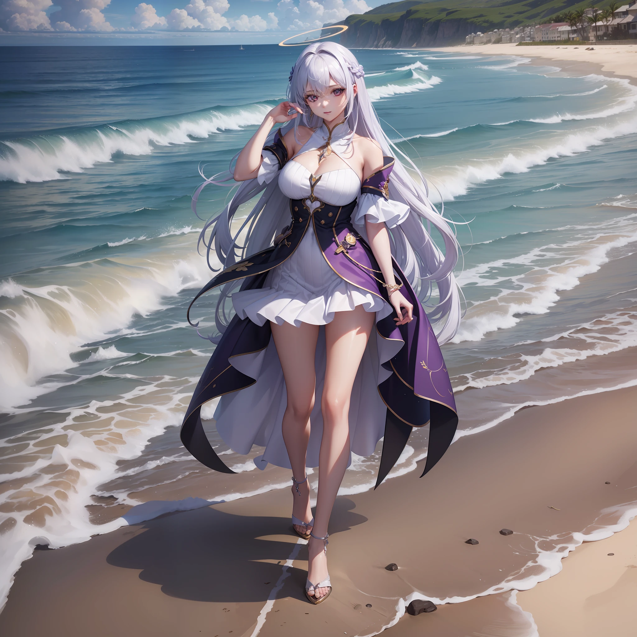 (the Extremely Detailed CG Unity 8K Wallpapers,best qualtiy,tmasterpiece),long white hair,Purple tones,On the beach by the sea,Dynamic and elegant posture,Short skirt trimmed with white gold,a glowing halo,high-heels。