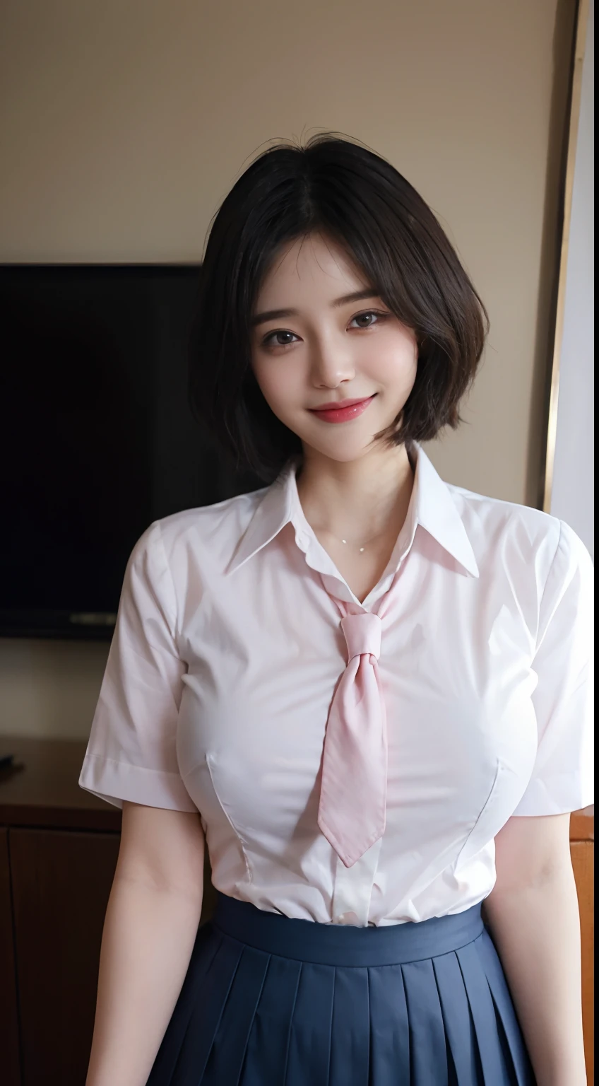 Shooting short hair、hi-school girl、(((Summer school uniform,very very gigantic boobs:1.5、The shirt is big enough to tear、Tight collared shirt)))、Side style、White shirt、Blue Stripe Tie、shortsleeves、Dark blue pleated skirt、Classroom、A smile、small head、bangss、chee、eye glasses、short wavy hair、small head、pale pink lip、Smiling smile、A sexy