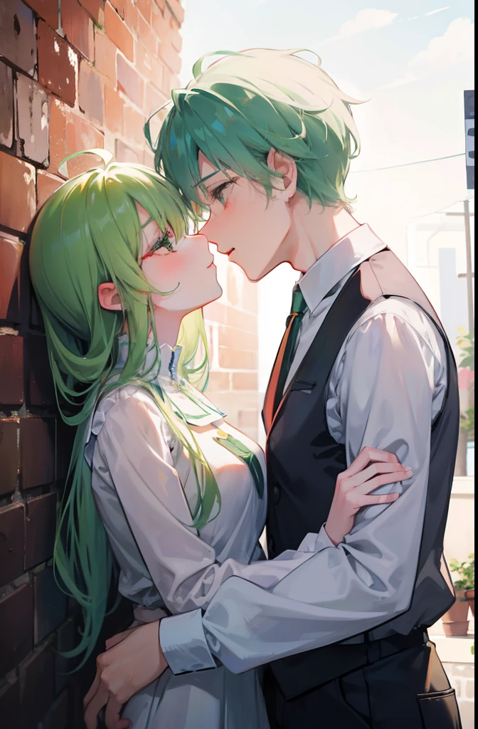 "A tender moment: A boy with pristine white hair passionately kissing a girl with vibrant green hair against a brick wall."