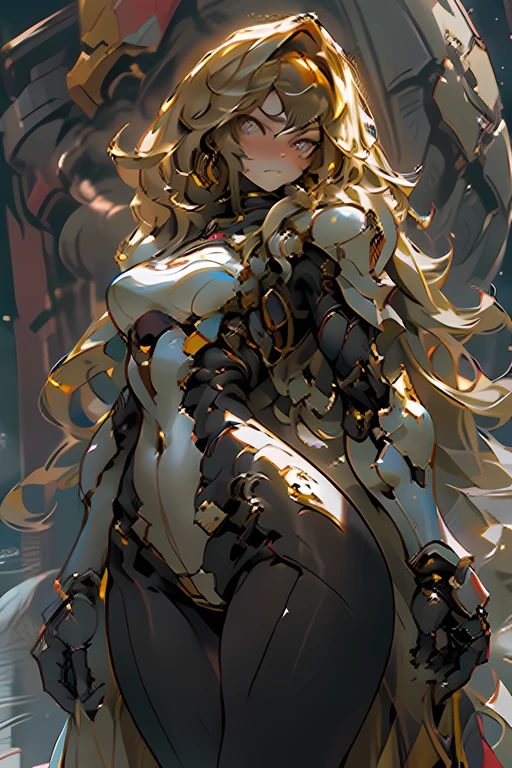 Masterpiece, Beautiful, 4K, Best quality, Beautiful face, floating golden hair, Long hair, sci - fi armor, Medieval armor, skin tight, Thick thighs, medium perky breasts, Serious face, expressiveless, Without expression