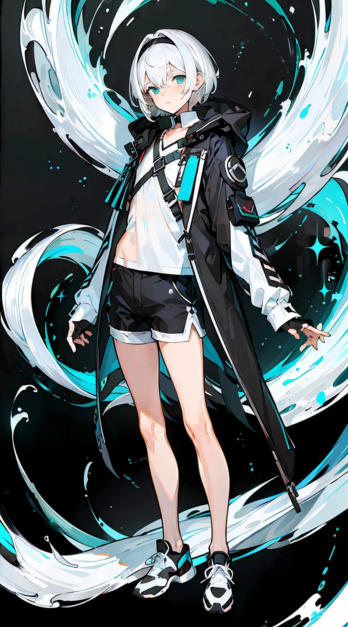 Masterpiece, Best quality, Solo,Boy, White hair,Short hair, (White shirt:1.4),(Black shorts:1.5), blackfootwear, full bodyesbian, shirt, Shorts, Coat, Open coat, view the viewer, Hood, Sneakers, Open clothes, Black coat, (Flat chest:1.7), No breasts,Long sleeves, bangs, Fingerless gloves, Short hair, hair between eye,(Pure black background:1.4),Normal standing