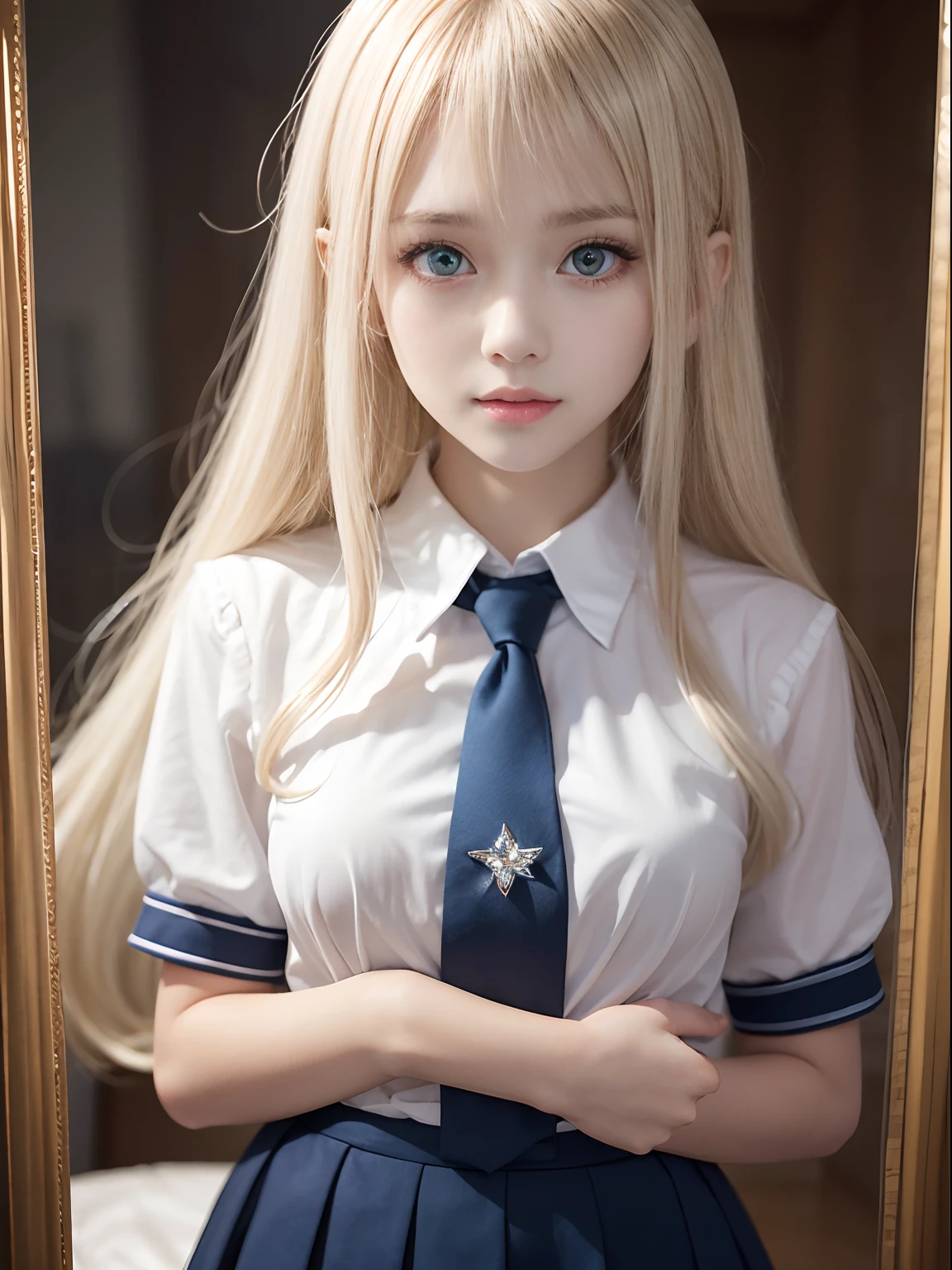 portlate、School Uniforms、bright expression、Young shiny shiny white shiny skin、Best Looks、Blonde reflected light、Platinum blonde hair with dazzling highlights、shiny light hair,、Super long silky straight hair、Beautiful bangs that shine、Glowing crystal clear attractive big blue eyes、Very beautiful nice cute 16 year old girl、Lush bust、