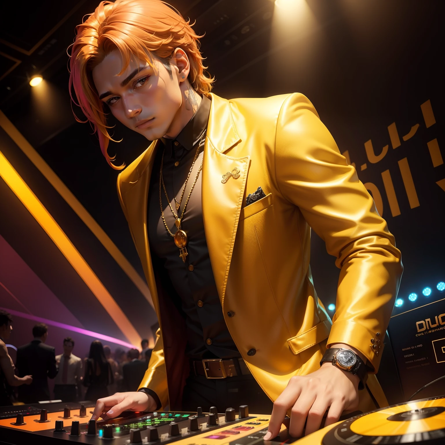 Colorful,Shines,golden colored,,The best masterpieces,top-quality,suave,colorful backdrop、DJ.The dragon、Club DJ、disco