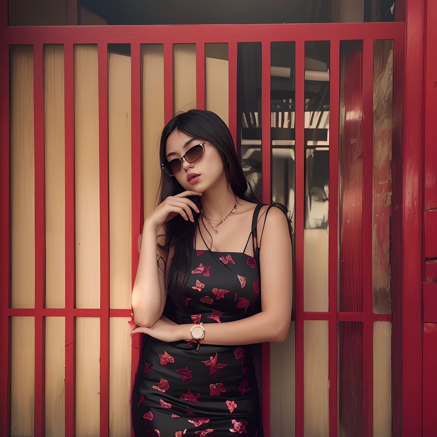 there is a woman standing in front of a red gate, 18 years old, cindy avelino, lily frank, with sunglass, 2 2 years old, real ungine, profile pic, she is wearing a black dress, tumblr, 21 years old, profile photo, profile shot, bella poarch, semi realism, she is about 2 0 years old human