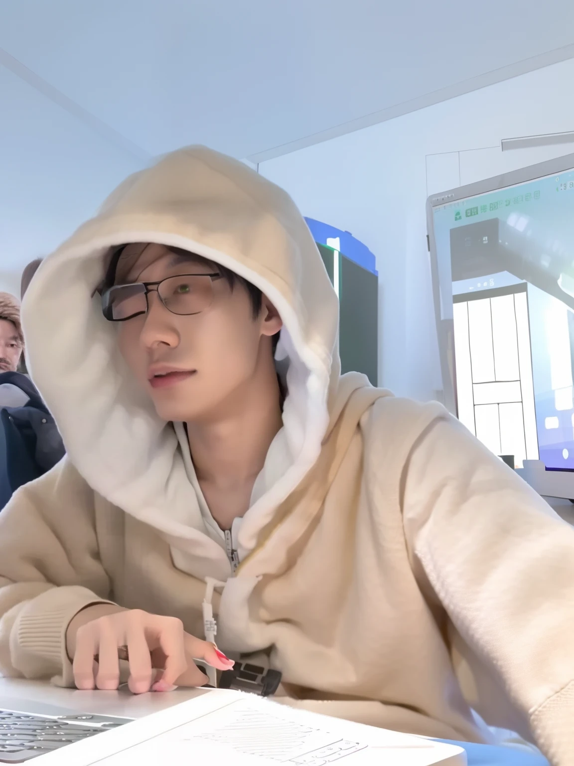There was a man in a hoodie sitting at the table,Laptop in hand, wearing hoodie, Ruan cute vtuber, Wearing a hoodie, profile picture 1024px, twitch streamer / gamer ludwig, wearing a hoody, wearing a hoody, wearing hood, xintong chen, Li Zixin, dressed in simple robes, wearing a fisher 🧥
