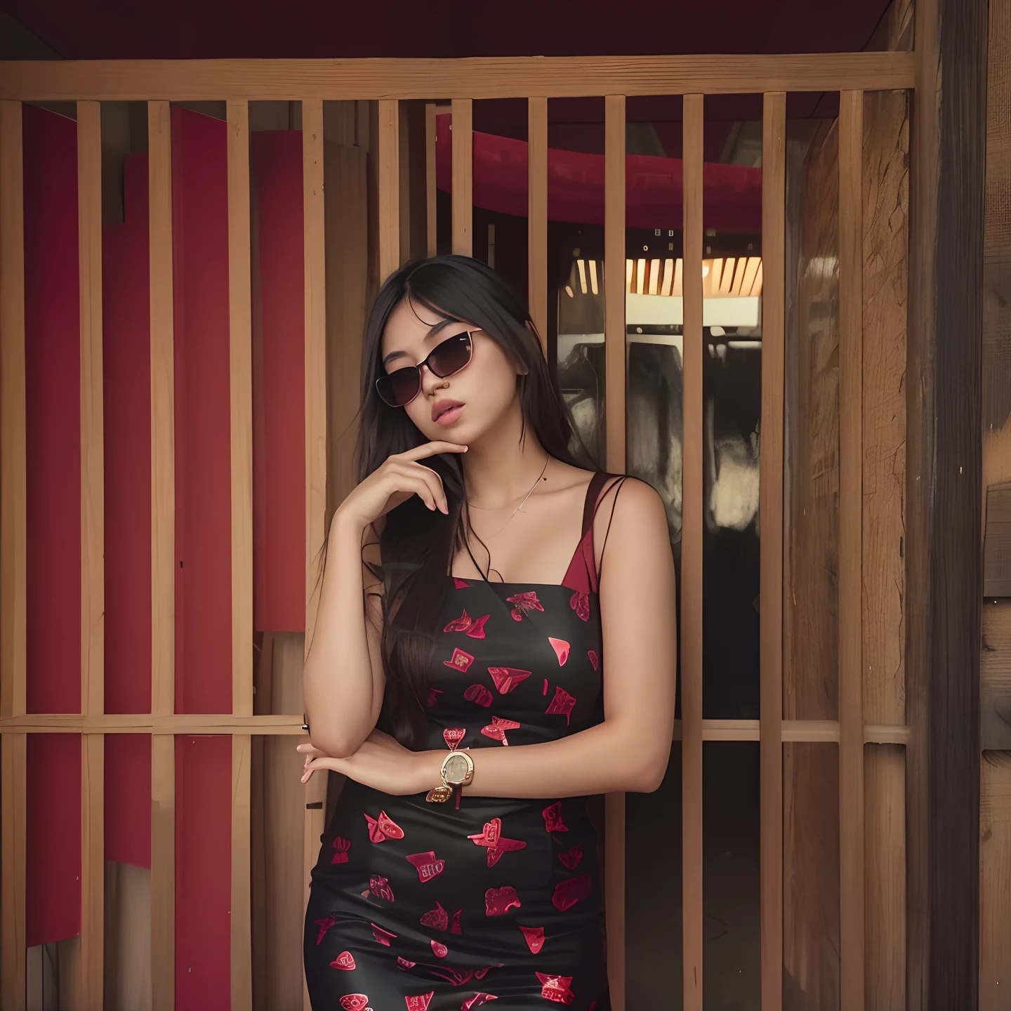 there is a woman standing in front of a red gate, 18 years old, cindy avelino, lily frank, with sunglass, 2 2 years old, real ungine, profile pic, she is wearing a black dress, tumblr, 21 years old, profile photo, profile shot, bella poarch, semi realism, she is about 2 0 years old human
