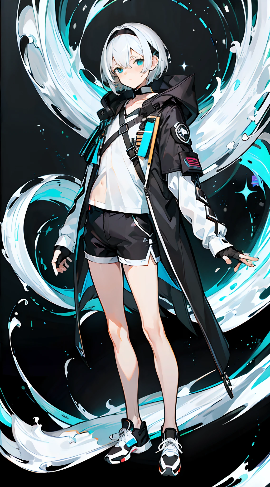 Masterpiece, Best quality, Solo,Boy, White hair,Short hair, (White shirt:1.4),(Black shorts:1.5), blackfootwear, full bodyesbian, shirt, Shorts, Coat, Open coat, view the viewer, Hood, Sneakers, Open clothes, Black coat, (Flat chest:1.7), No breasts,Long sleeves, bangs, Fingerless gloves, Short hair, hair between eye,(Pure black background:1.4),Normal standing