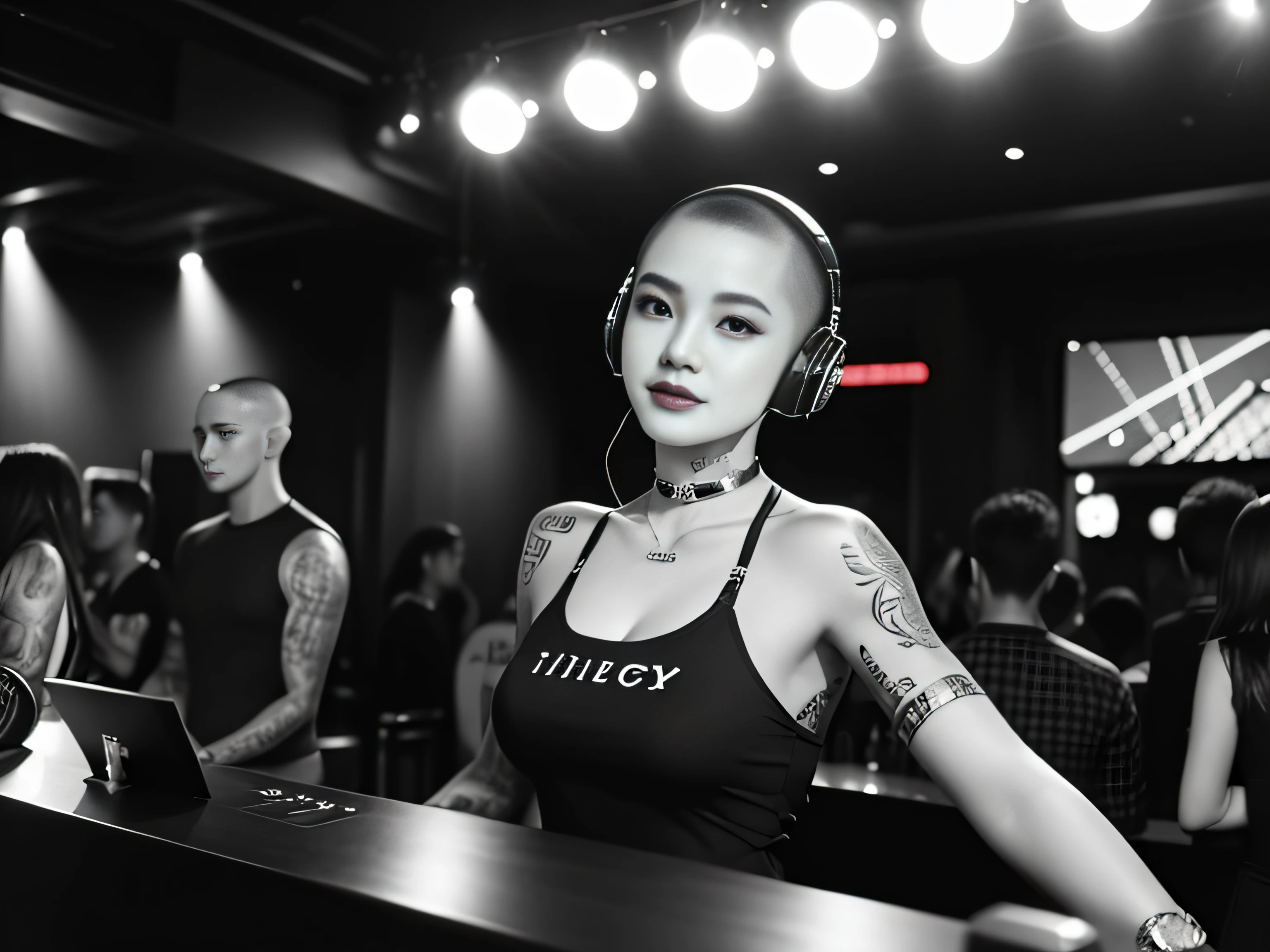 best qualtiy,tmasterpiece,超高分辨率,(fidelity:1.4),(B&W:1.3),professinal,photography of,1个Giant Breast Girl,Dee bar,Girl wearing headphones,DJ in the bar,Upper body,A female DJ,Look at the crowd,DJ, DJ booth,DJ Player,stage lighting,(buzz cut:1.1),(Tattooed with:1.1),cheerfulness,dyna,Gucci, Versace,cruel,choker necklace,Vistas