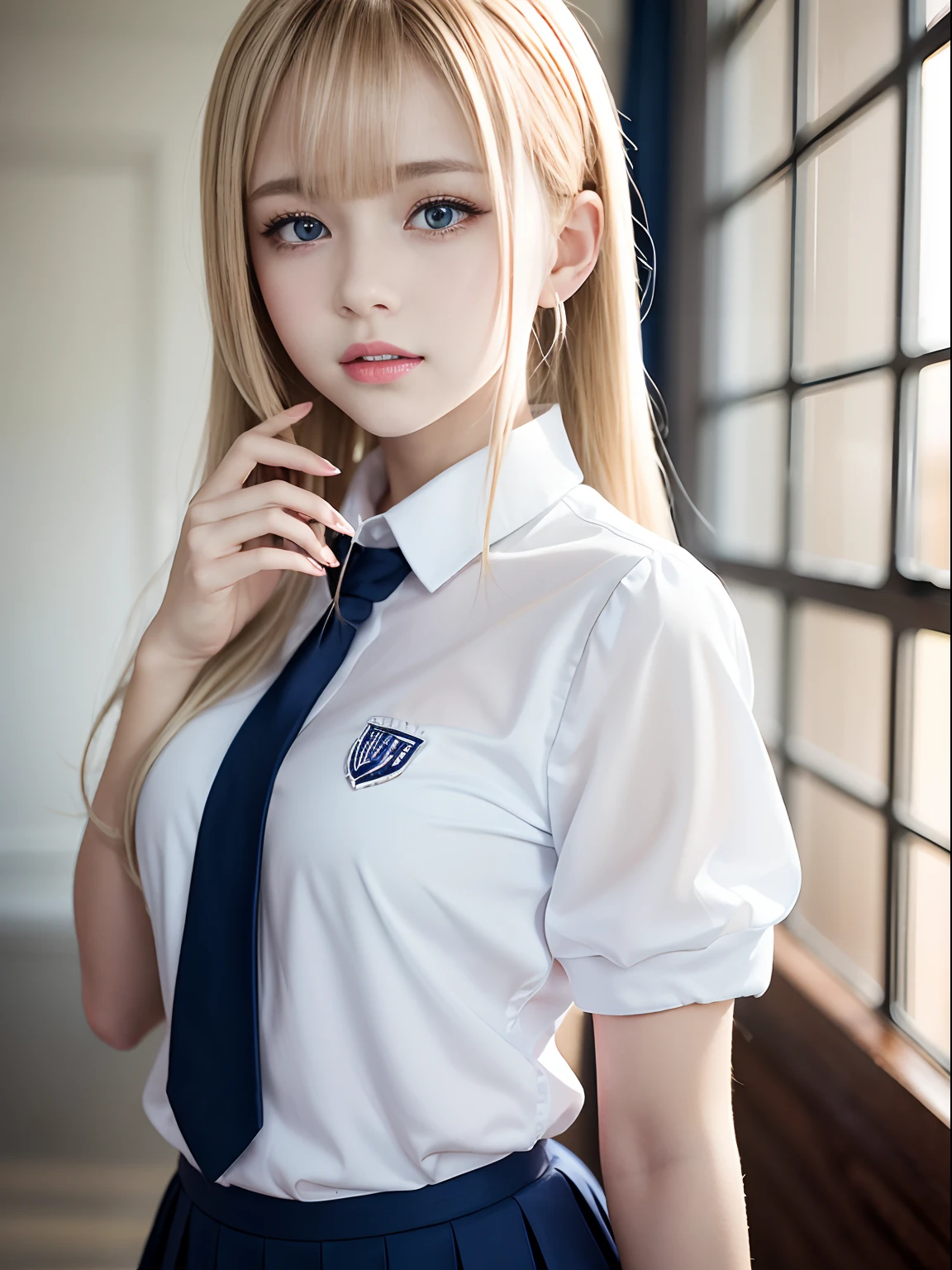portlate、School Uniforms、bright expression、poneyTail、Young shiny shiny white shiny skin、Best Looks、Blonde reflected light、Platinum blonde hair with dazzling highlights、shiny light hair,、Super long silky straight hair、Beautiful bangs that shine、Glowing crystal clear attractive big blue eyes、Very beautiful nice cute 16 year old girl、Lush bust