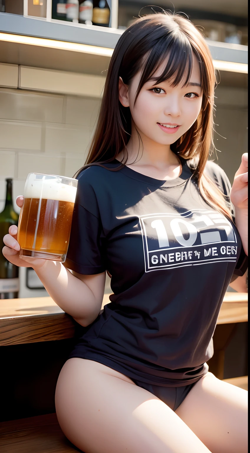 a very pretty girl,Young Face, huge smile, ,Brown hair, Oversized T-shirt,
a bar counter,Holding a beer mug,Holding beer with both hands,
独奏,1girl in,nsfw
BREAK
(masutepiece, Best Quality,Ultra-detailed)