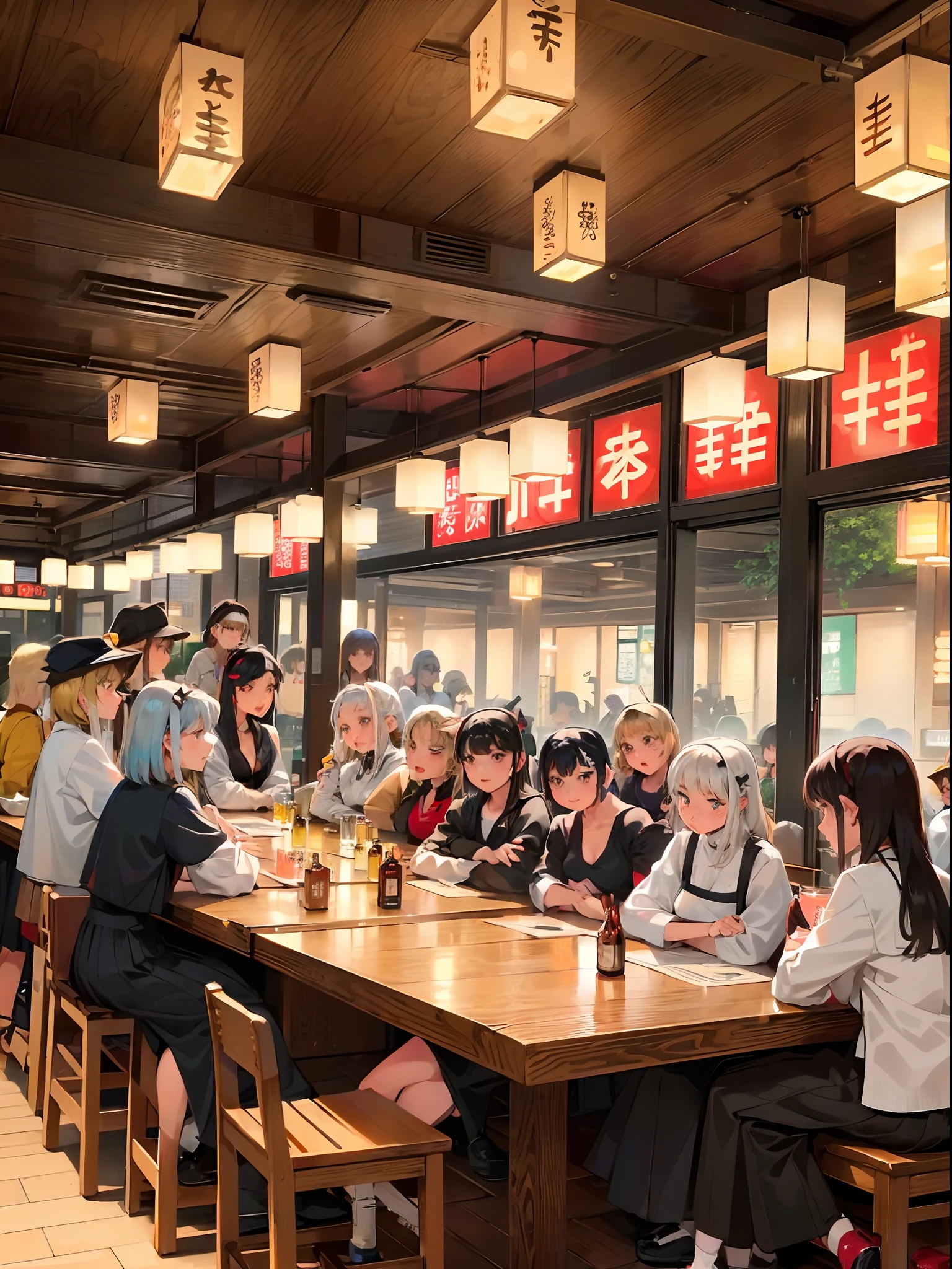 Izakaya, Indoors, alcohol, beer, Big beer mug, Beer bottles, Wine bottles, Chair, dish, delicious food, paper lanterns, Counter Table, banquet, Menu on the wall, (Multiple girls:1.8), (6+Girls:1.8), (Random hair)