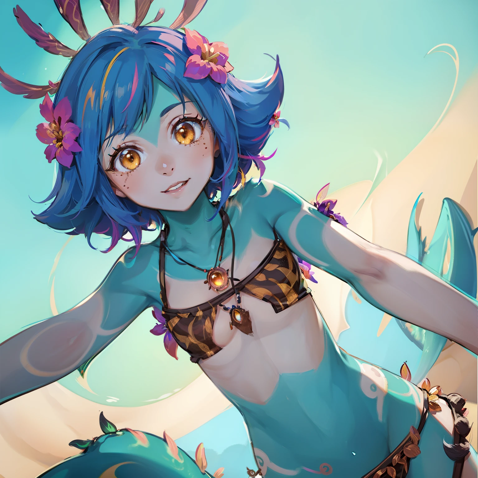 Neeko, 1girl, facial marks, hair ornaments, hair flower, necklace, brown shorts, crop top, multicolored skin, lizard tail, body paint, yellow eyes, girl on top, arm support, smile, looking at viewer, perfect anatomy