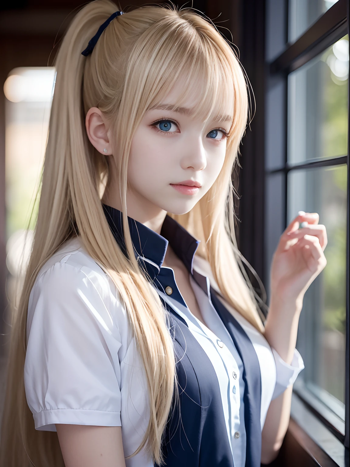 portlate、School Uniforms、bright expression、poneyTail、Young shiny shiny white shiny skin、Best Looks、Blonde reflected light、Platinum blonde hair with dazzling highlights、shiny light hair,、Super long silky straight hair、Beautiful bangs that shine、Glowing crystal clear attractive big blue eyes、Very beautiful nice cute 16 year old girl、Lush bust