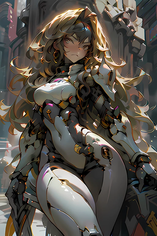 Masterpiece, Beautiful, 4K, Best quality, Beautiful face, floating golden hair, Long hair, sci - fi armor, Medieval armor, skin tight, Thick thighs, medium perky breasts, Serious face, expressiveless, Without expression