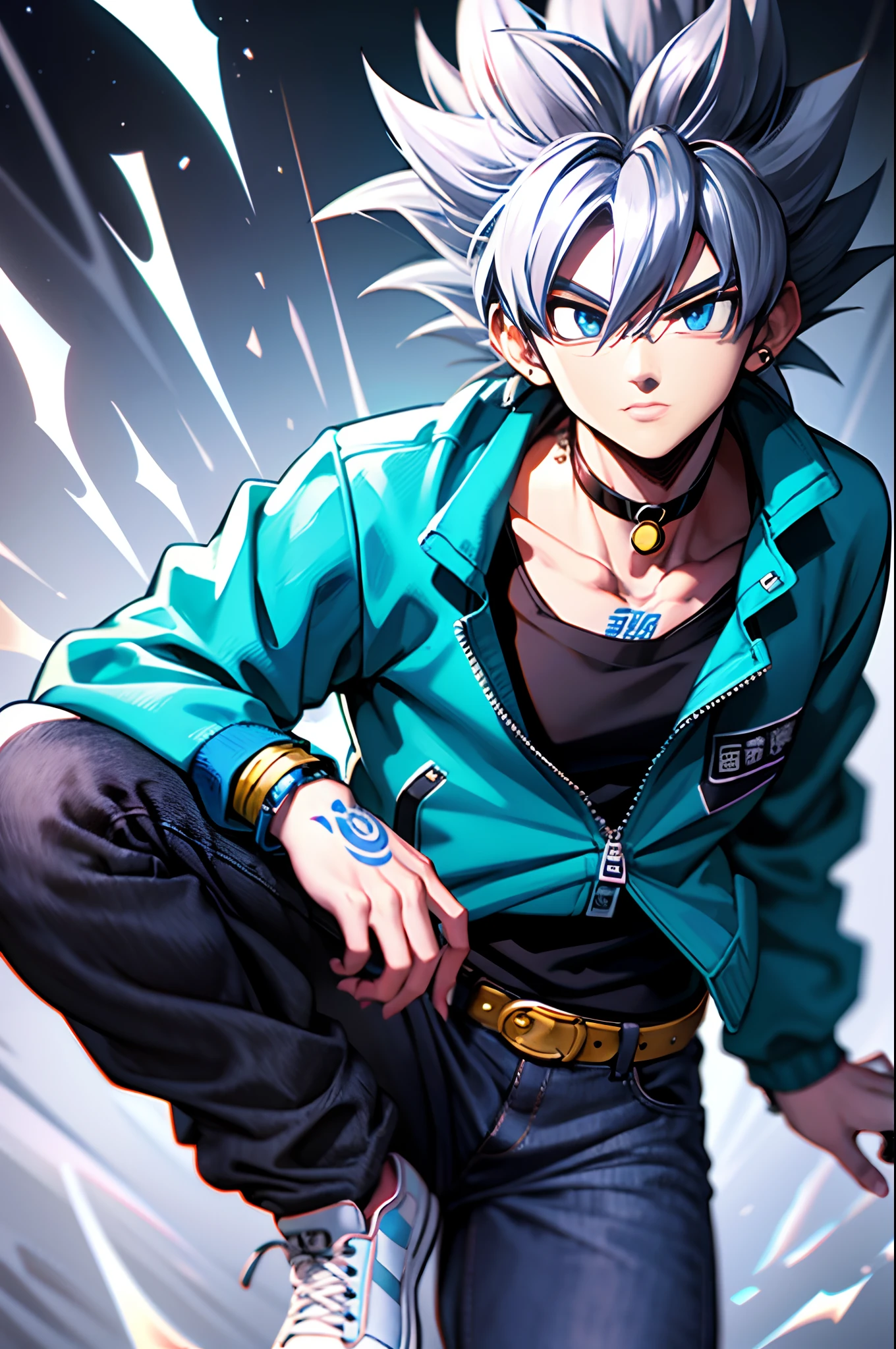 Son Goku in Dragon Ball, greyt hair,Fashion graffiti clothing,Trendy clothing,Tide brand,black black jacket,vests,denim pant,Lunette de soleil,Bracelet,ear studs,decorations,athletic sneakers,Tattooed with,choker necklace,Ultra high quality,Best quality,tmasterpiece,超高分辨率,Super Saiyan with a white glow,quadratic element,鸟山明风格,1990's ,Cartoony,