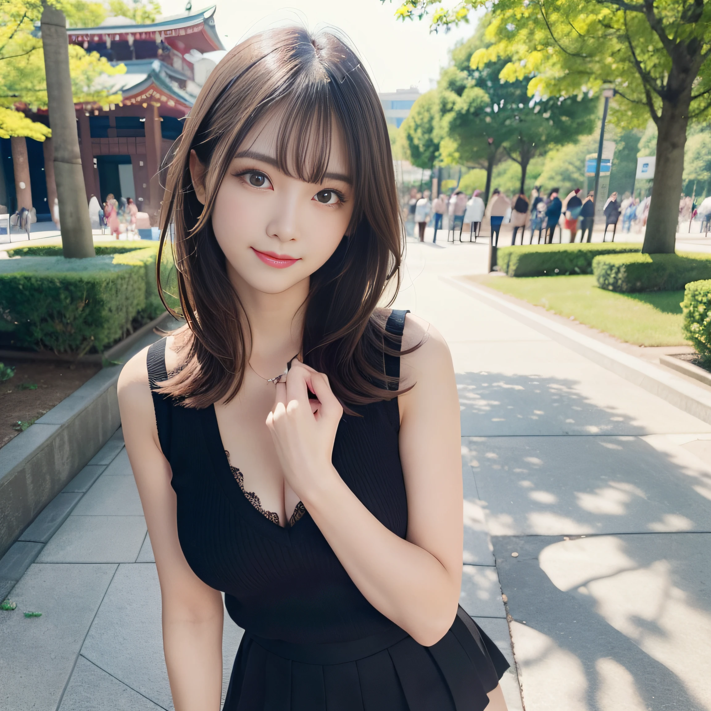 8K,Best Quality:1.4,high details、 超A high resolution:1.5, (Photorealistic:1.4),​masterpiece:1.2,(top-quality:1.4)、 tourism photography、(the background is blurred), a park,fully body photo:1.8、Standing Pose:1.2、Photo with feet in、 1日本人の女の子, Cute, (Solo), (Shy smile), Smooth skin、Cute clothes、Check miniskirt:1.3、Fashionable clothes、 (Brown medium hair,Bangs), (touch hair:1.4)、nogizaka、cute little、(30-years old:1.2)、beauty legs:1.6、Supple fingertips、Realistic fingers、Beautiful black eyes:1.2、natural skin textures:1.3, realistic eyes and face details:1.7、middlebreasts、gazing at viewer,Gravure Pose