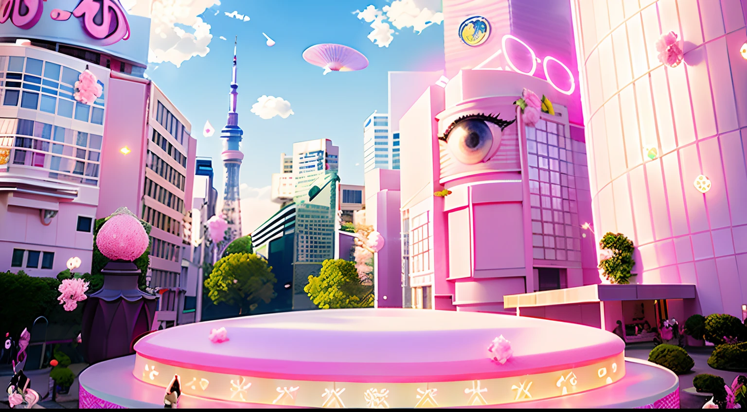 best quality, masterpiece, Cinematic, very beautiful, ultra high res,
white round stage in front, color of the side of the stage cylinder is deep pink with many silver star studs,
pink lipstick with fur handle, next to stage,
colorful rhinestones of various shapes falling from above,
a lot of fake shrubs with different kinds of pink flowers,
green ground,
pink lipstick with pink fur handle next to the left of the stage,
a pale pink perfume bottle with a cap made of light pink fur to the left of the stage,
((large building made of pink shredded fringe fabric to the right of the stage)),
((a large building made of sequin fabric in a pink gradation color to the left of the stage with a sign on the roof with an illustration of anime-style sparkling pink eyes)),
3d city, detailed city background,
detailed city,
expansive detailed layered city,
textile city,
Karim rashid,
pink fur building,
Shibuya crossing,
cityscape, Japanese downtown,
painted plastic pink tree with leaves made of crepe paper in pink and orange gradient colors behind the stage,
many buildings made of different kinds of pink fabrics in the background,such as velor,mohair,Fur,wide fringe,
several signs with anime style glowing pink eyes illustration on the building,
black glass sunglasses made of pink plastic frames on the roof of a building,
a white pearl necklace hangs on a building,
pale blue sky,
Japanease tokyo sky tree made of pale pink knit in the background,
fluffy crimson crepe paper clouds in the sky,
airship with an envelope made of pink and white two-tone marble fur in the sky,
long shot, front view,
3D-rendered image,