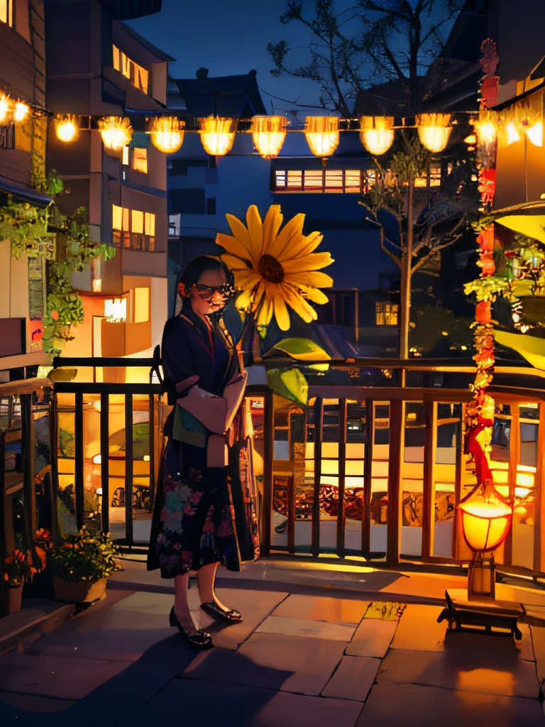 There was a woman standing on the balcony，with a round face，Wearing glasses，Slightly fat, late summer evening, On a summer night, summer setting, girl under lantern, lights with bloom, summer festival night, in a japanese town at night, Beautiful image, warm glow from the lights, set in tokyo rooftop, photo taken at night, Photo taken with Nikon D 7 5 0
