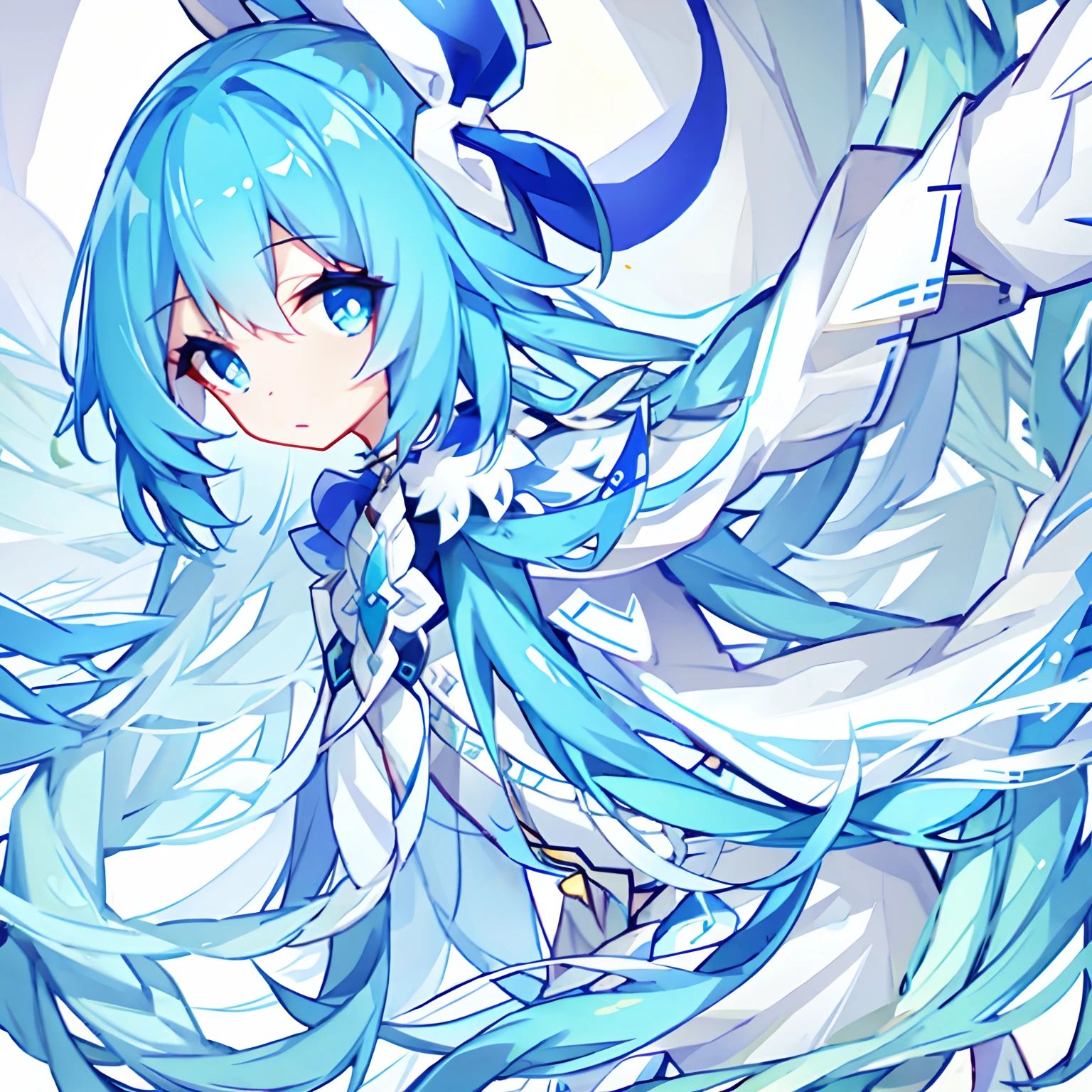 1female, long hair, sky blue hair, curly hair, white dress, crop top jacket, sad, black eyes