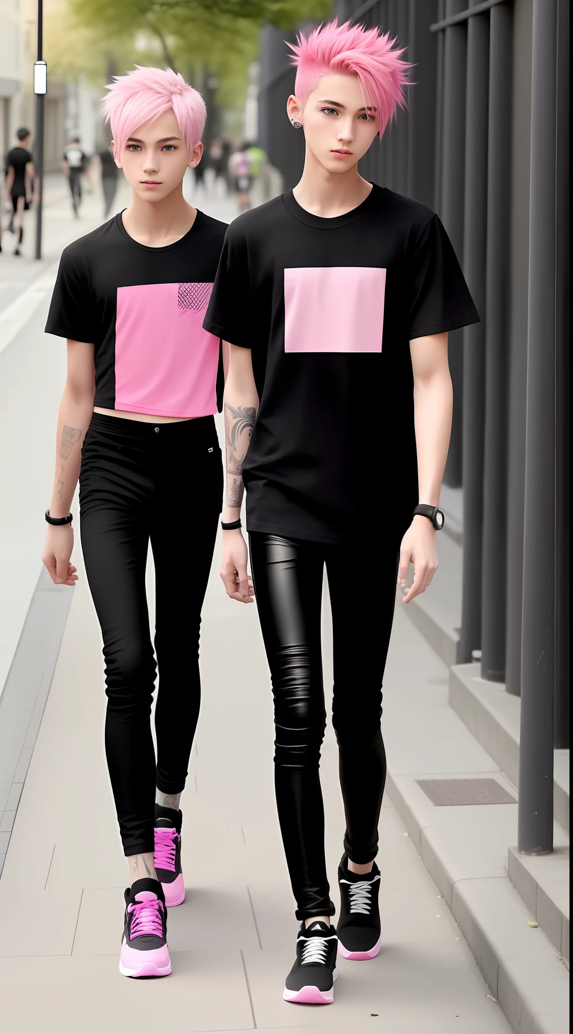 There are boys with pink hair and black leggings on the sidewalk, thin young male, wearing pants and a t-shirt, close up to a skinny, wearing a tshirt,, wearing tight shirt, Wearing a black T-shirt, Pink shirt, with his back turned, Male ager, Wearing a black T-shirt